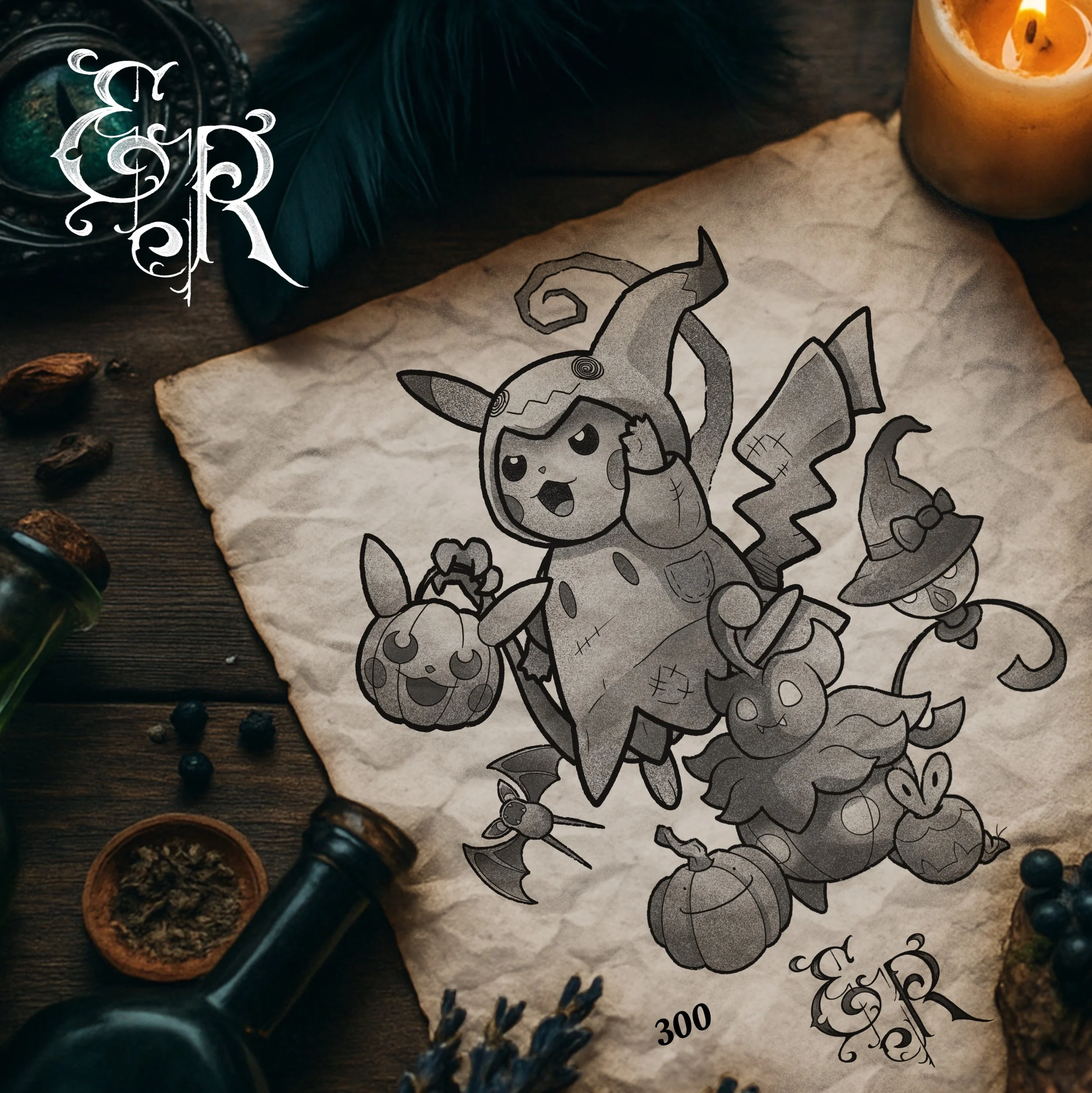 -Pokémon flash designs- pikachu mimikyu ditto applin pumpkaboo halloween lampent zubat tattoo color black grey