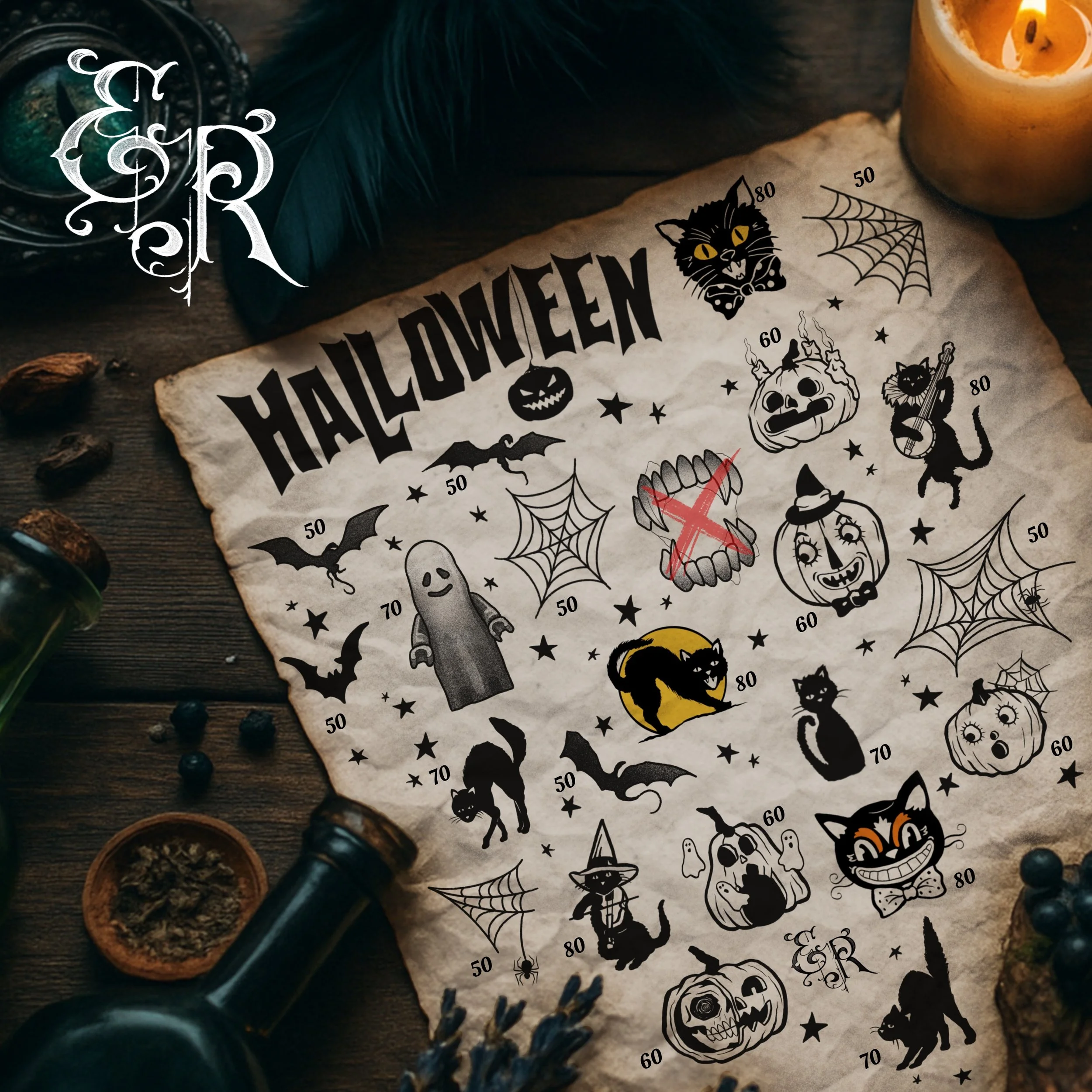 -Halloween flash designs- tattoo color black grey