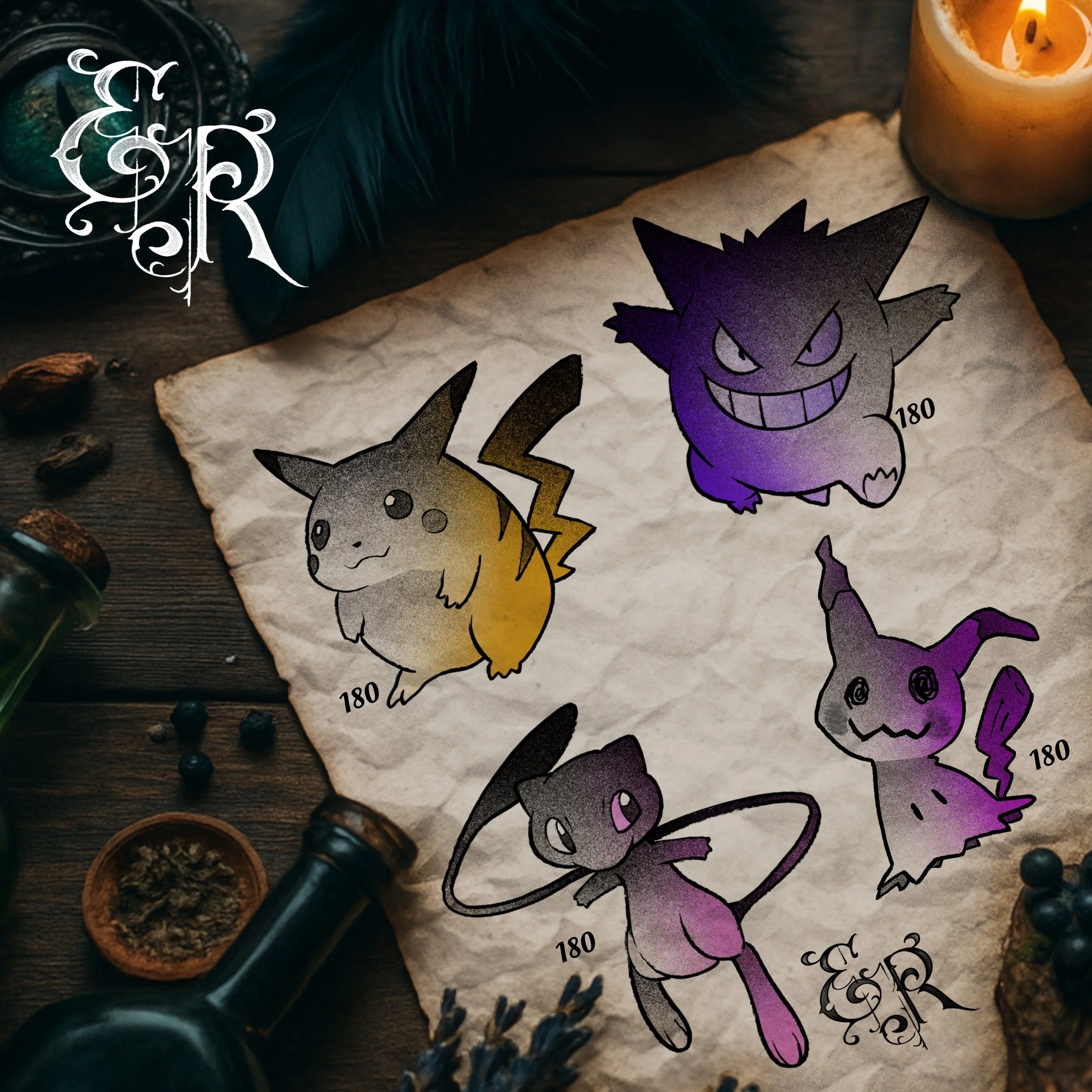 -Pokémon flash designs- pikachu gengar mew mimikyu tattoo color black grey