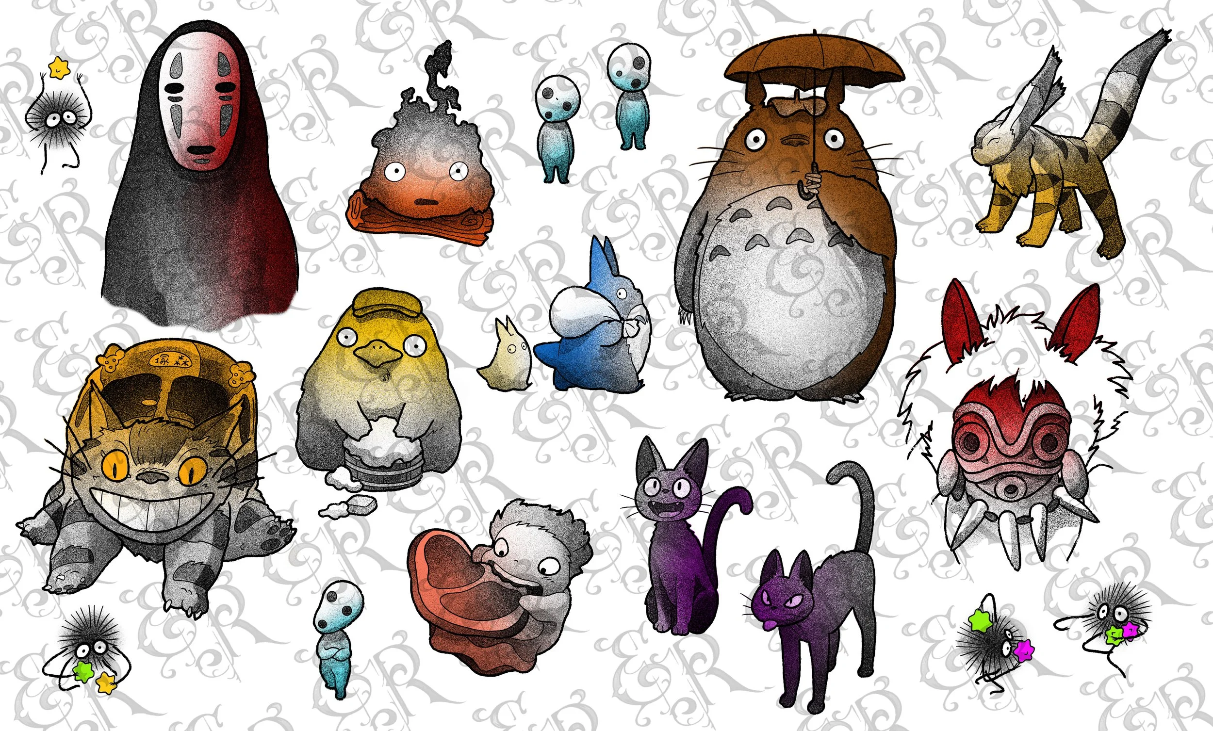-Studio Ghibli flash designs- Totoro Spirited Away Princess Mononoke Howl's Moving Castle Ponyo tattoo color black grey