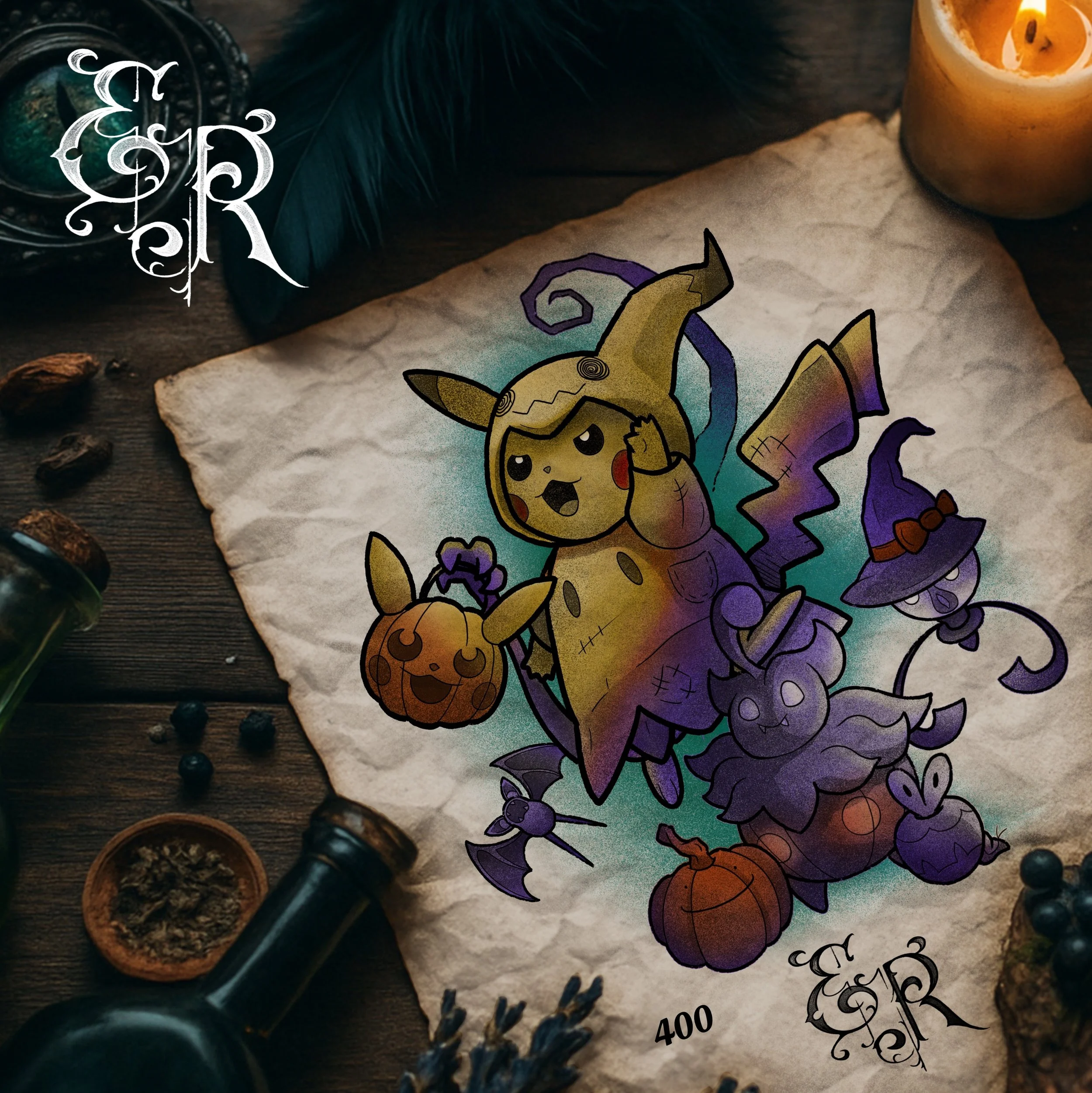-Pokémon flash designs- pikachu mimikyu ditto applin pumpkaboo halloween lampent zubat tattoo color black grey