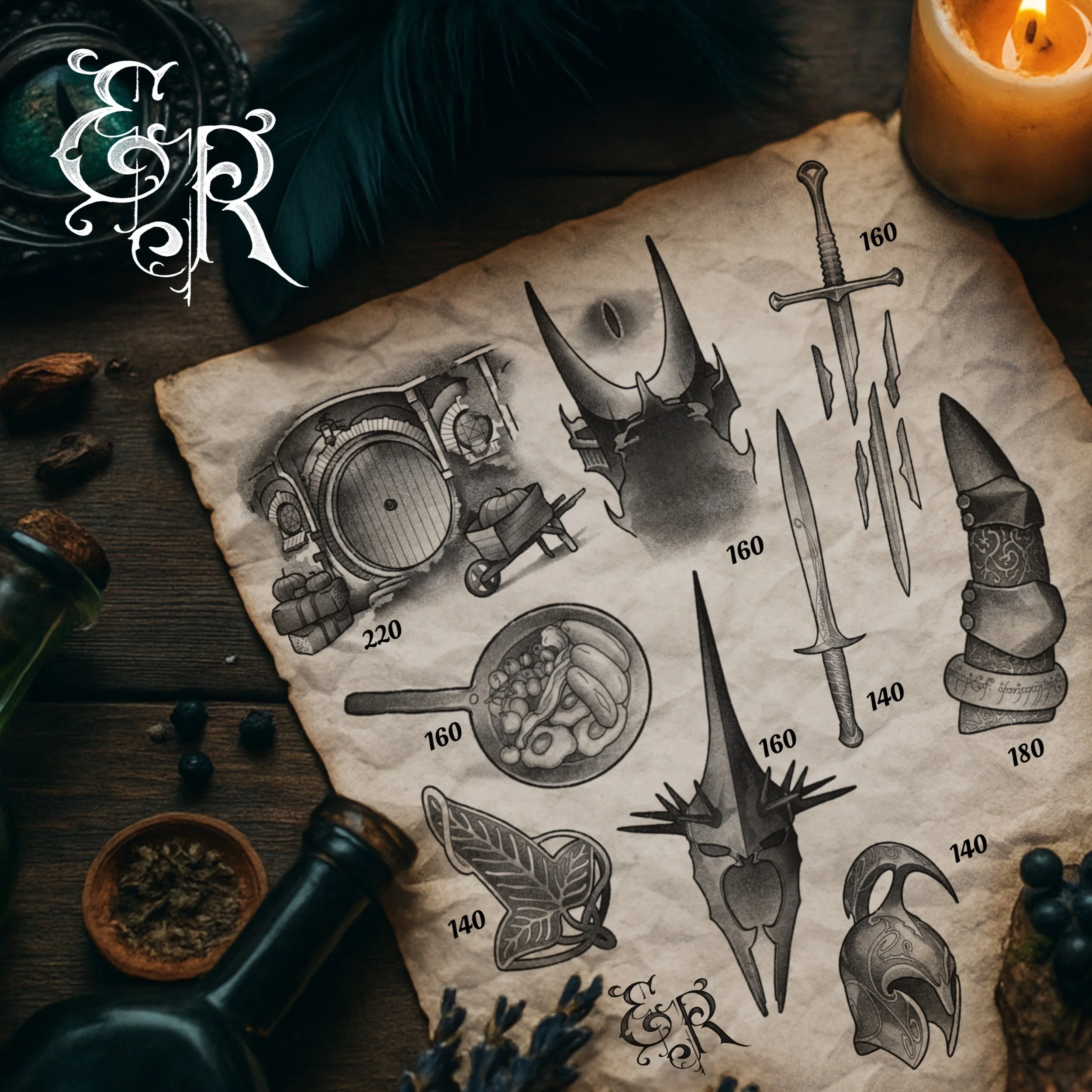 -Lord of the Rings flash designs- Sauron Hobbit Elf Lorien Sausage tomato eggs Witch King Narsil Sting tattoo color black grey