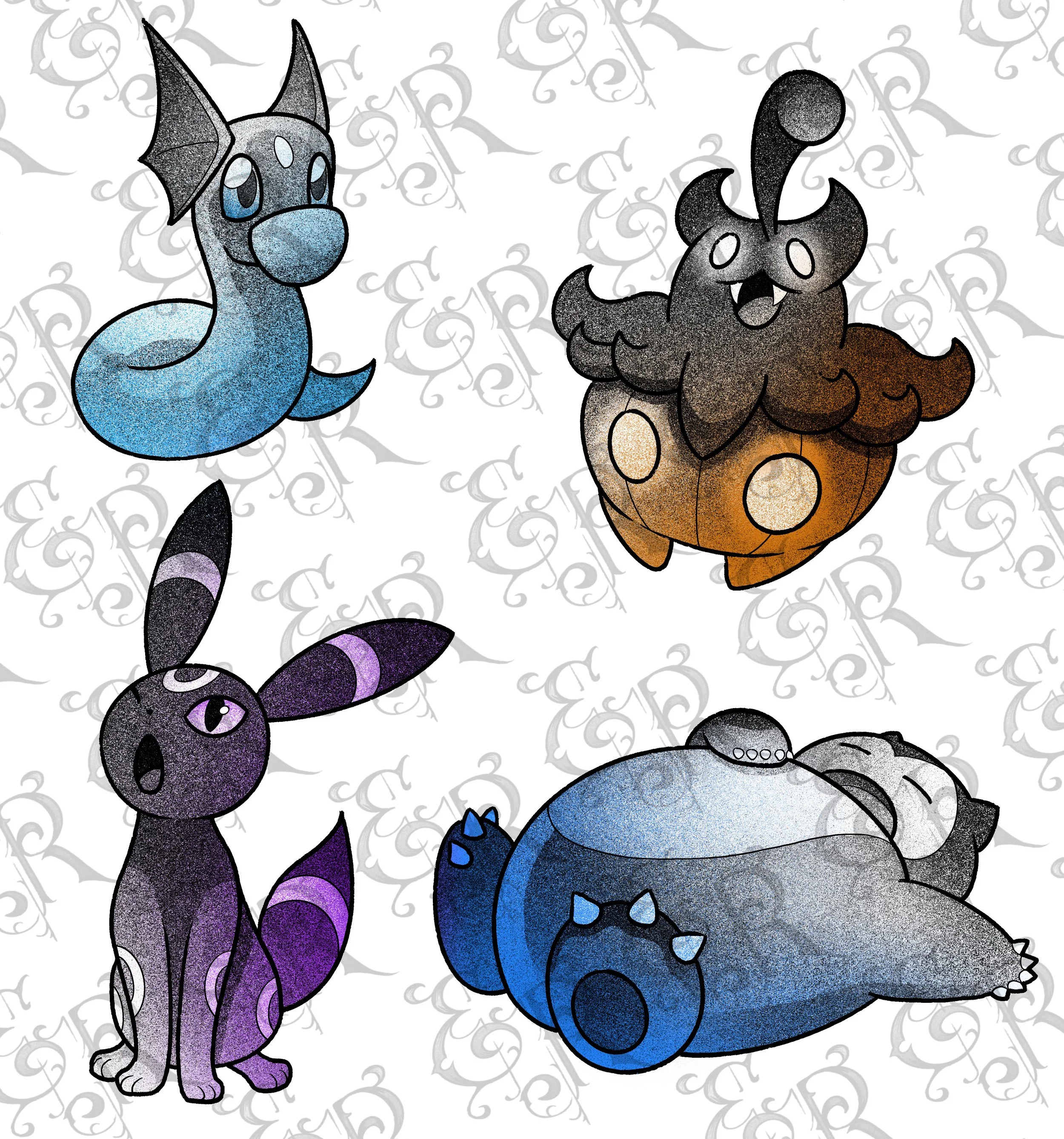 -Pokémon flash designs- pumpkaboo snorlax umbreon dratini tattoo color black grey