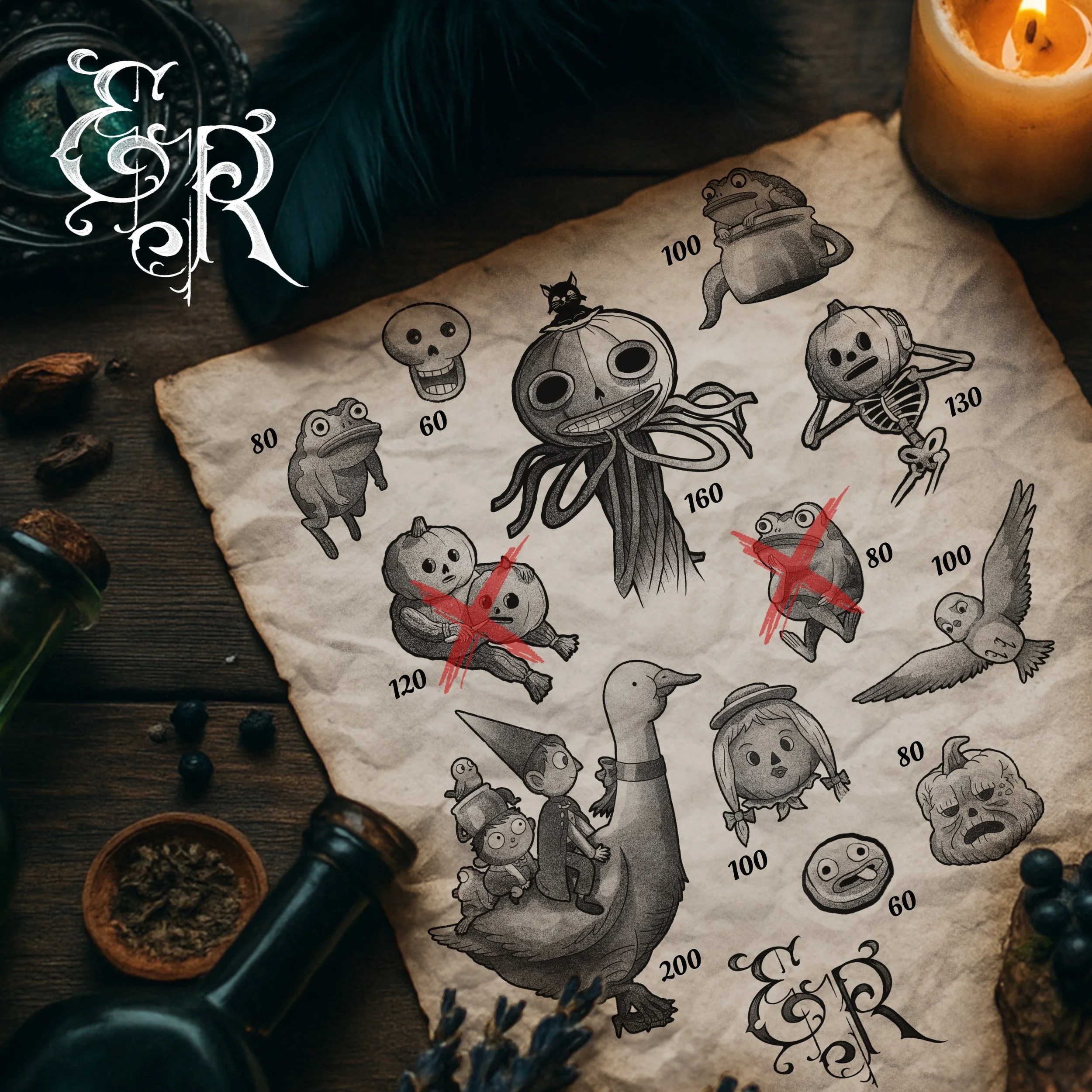 -Over the Garden Wall flash designs- Wirt Greg duck Enoch Pumpkin Halloween Frog Skeleton tattoo black grey