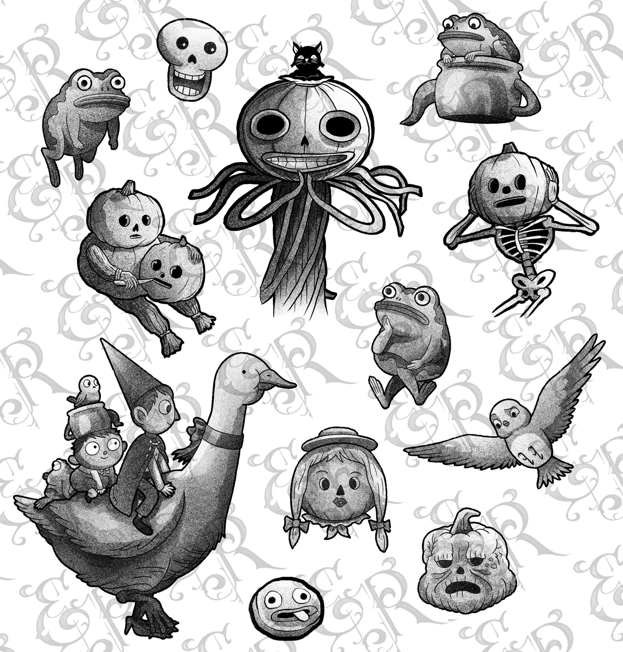 -Over the Garden Wall flash designs- Wirt Greg duck Enoch Pumpkin Halloween Frog Skeleton tattoo black grey