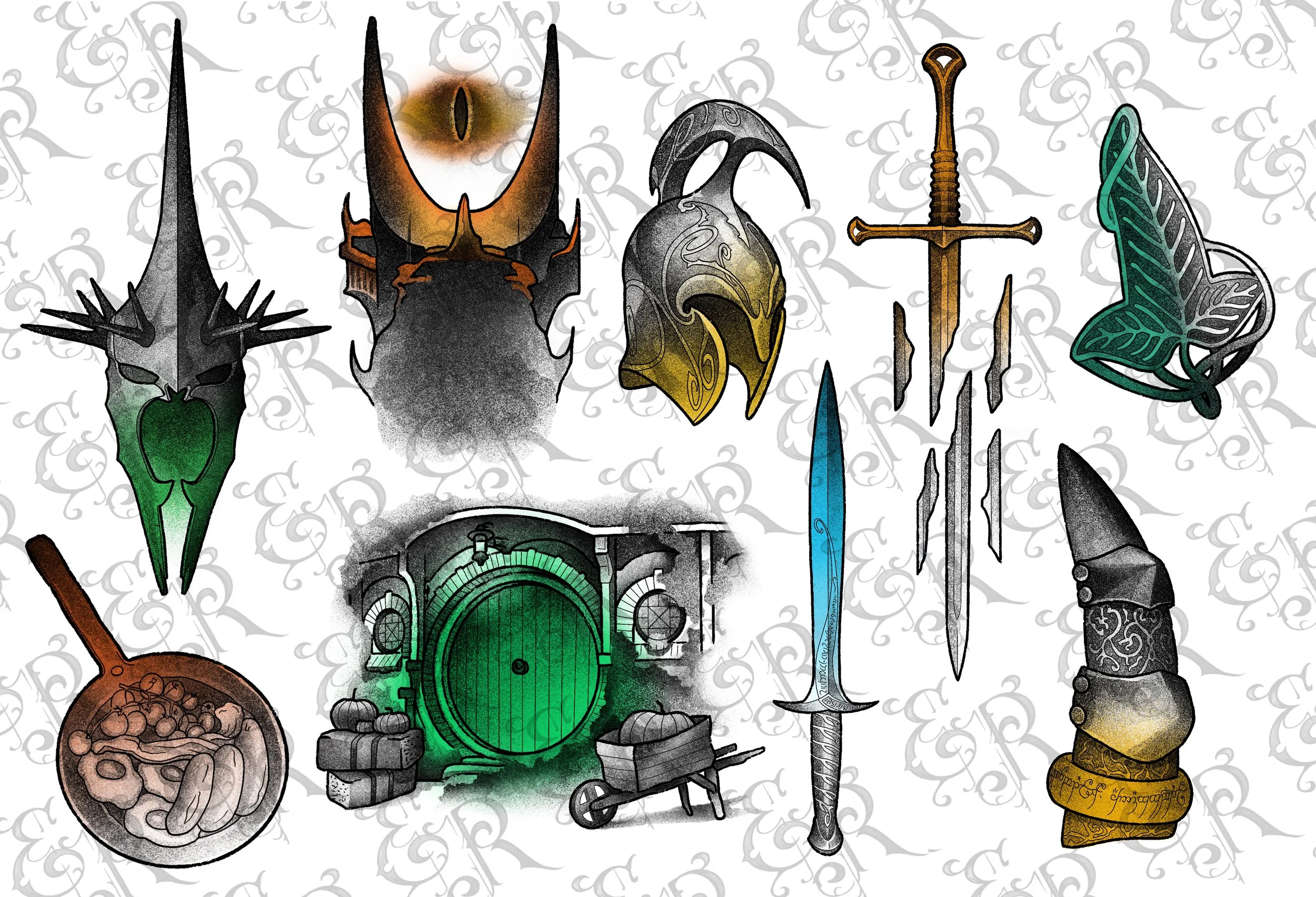 -Lord of the Rings flash designs- Sauron Hobbit Elf Lorien Sausage tomato eggs Witch King Narsil Sting tattoo color black grey