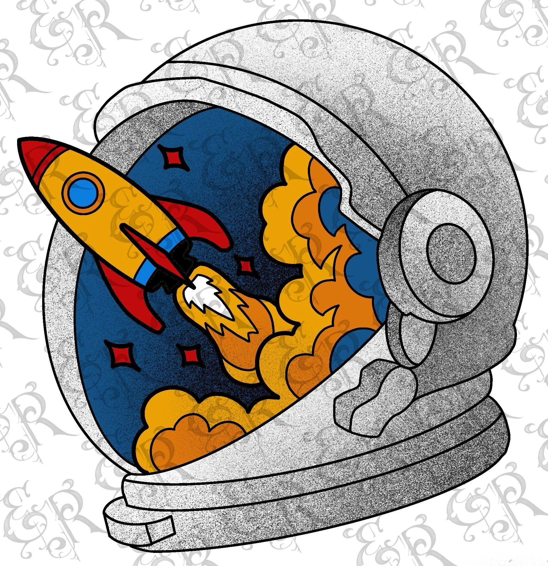 -Space flash designs- space helmet rocket moon artemis jurassic park jeff goldblum tattoo color black grey