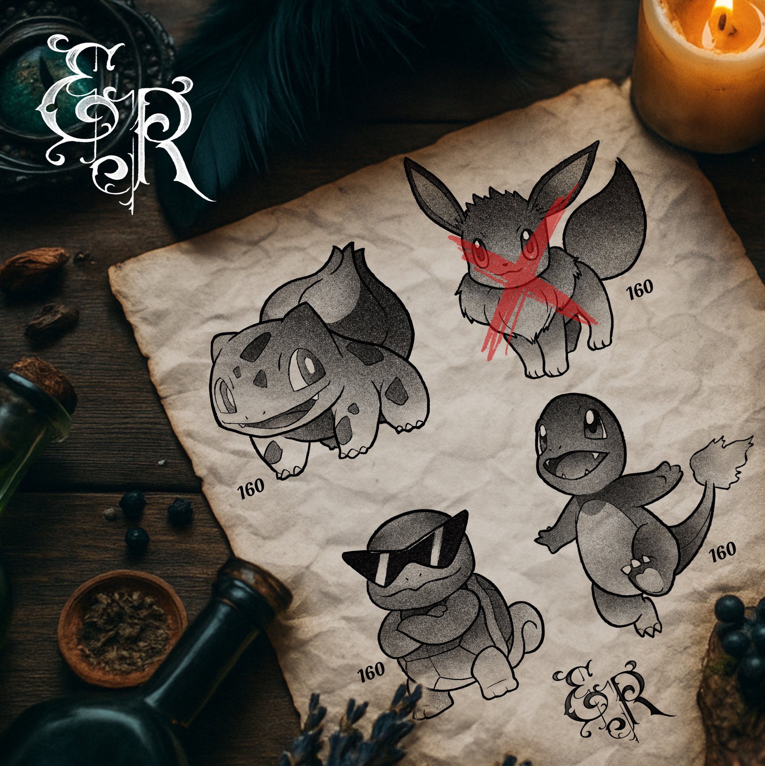 -Pokémon flash designs- charmander eevee bulbasaur squirtle tattoo color black grey