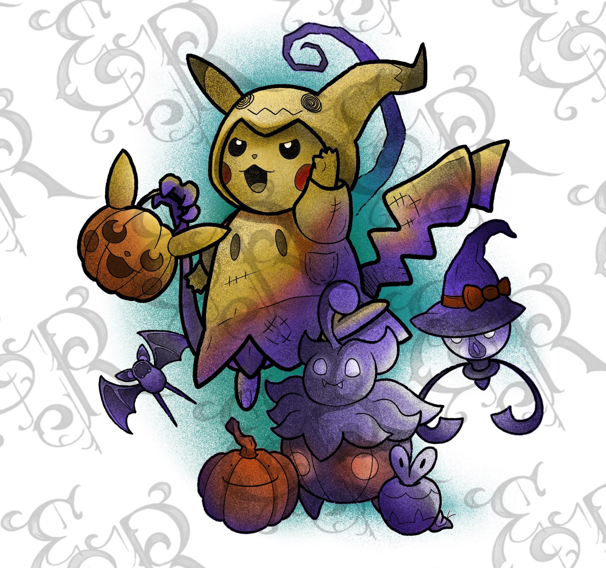 -Pokémon flash designs- pikachu mimikyu ditto applin pumpkaboo halloween lampent zubat tattoo color black grey