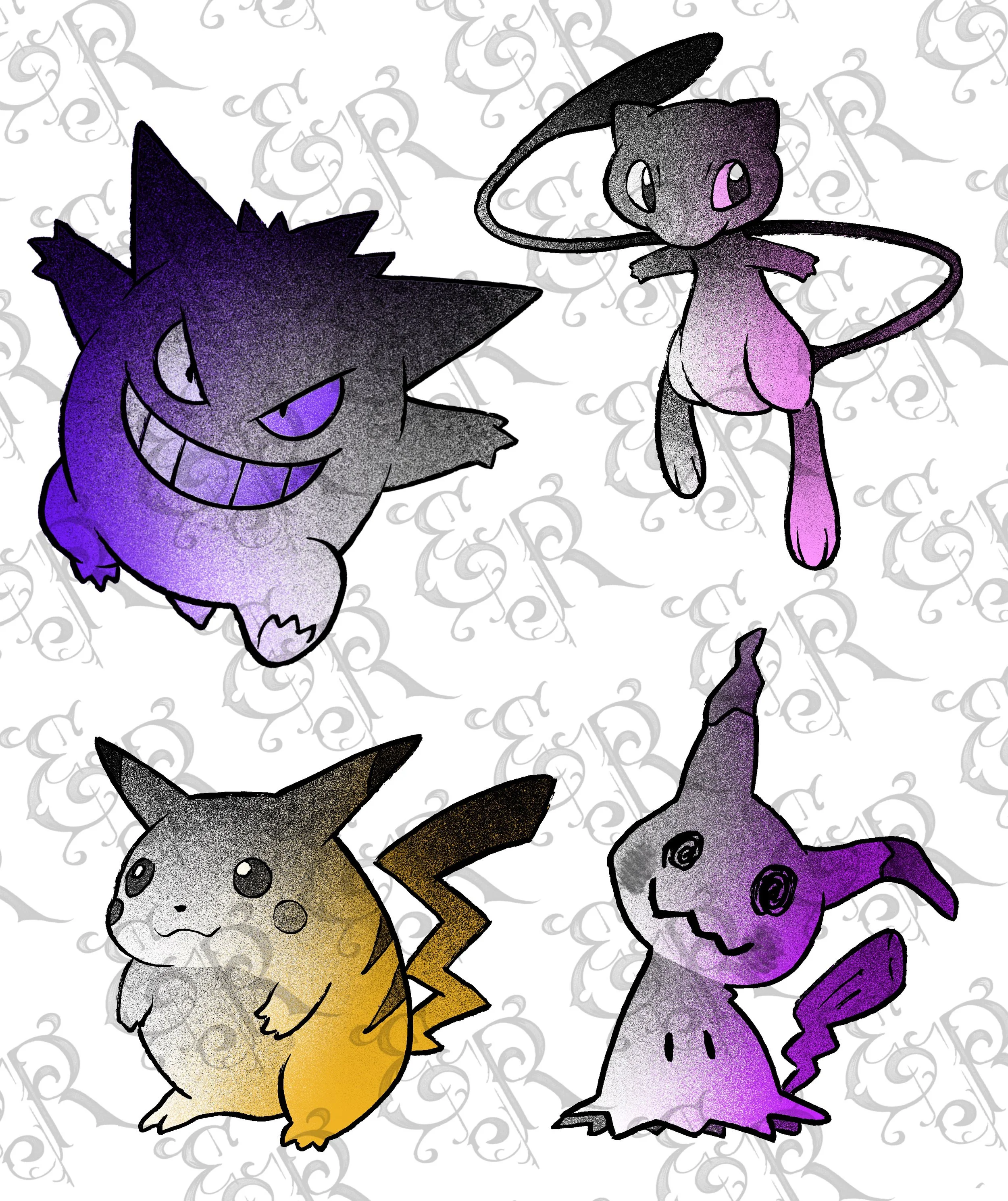 -Pokémon flash designs- pikachu gengar mew mimikyu tattoo color black grey
