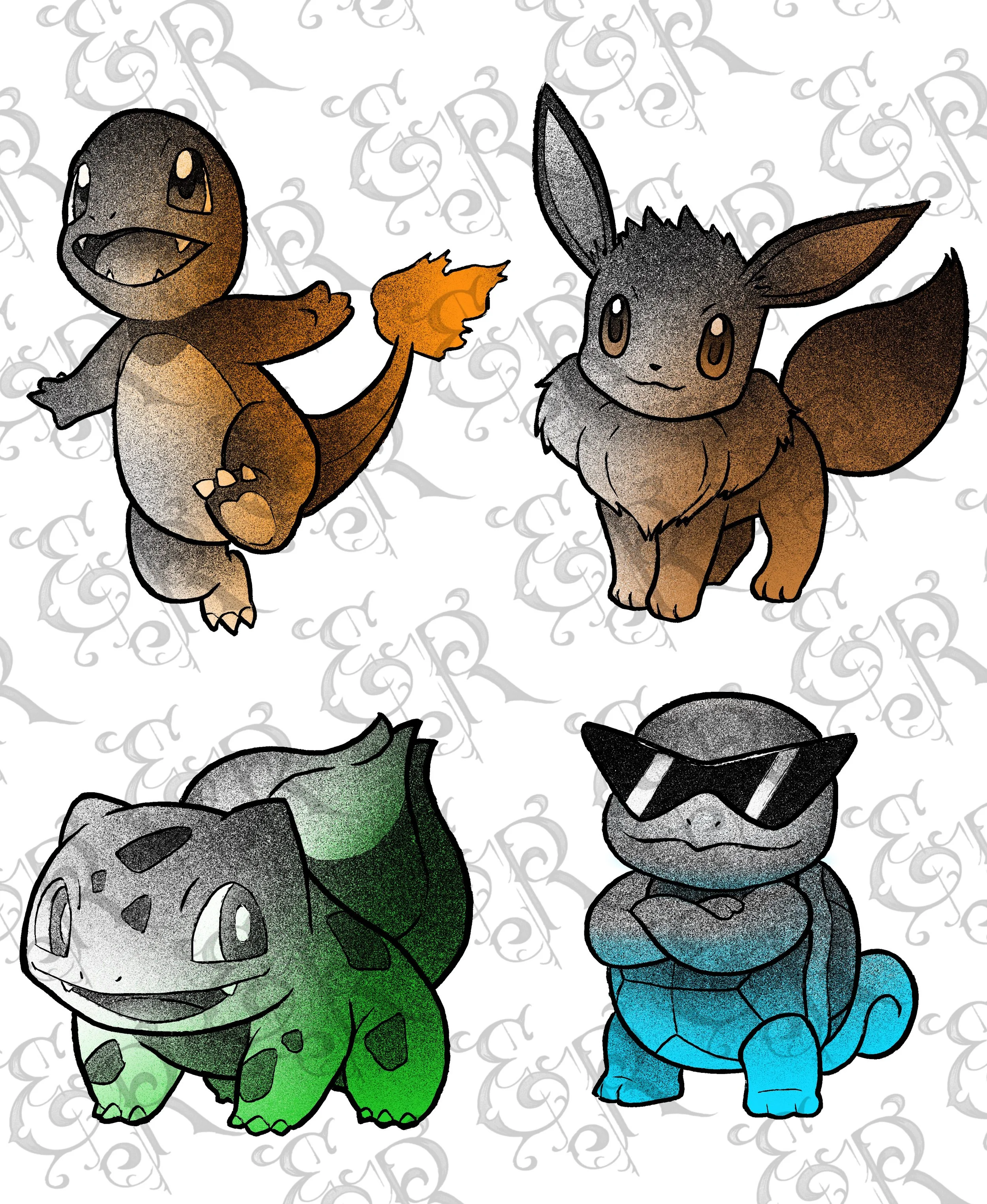 -Pokémon flash designs- charmander eevee bulbasaur squirtle tattoo color black grey