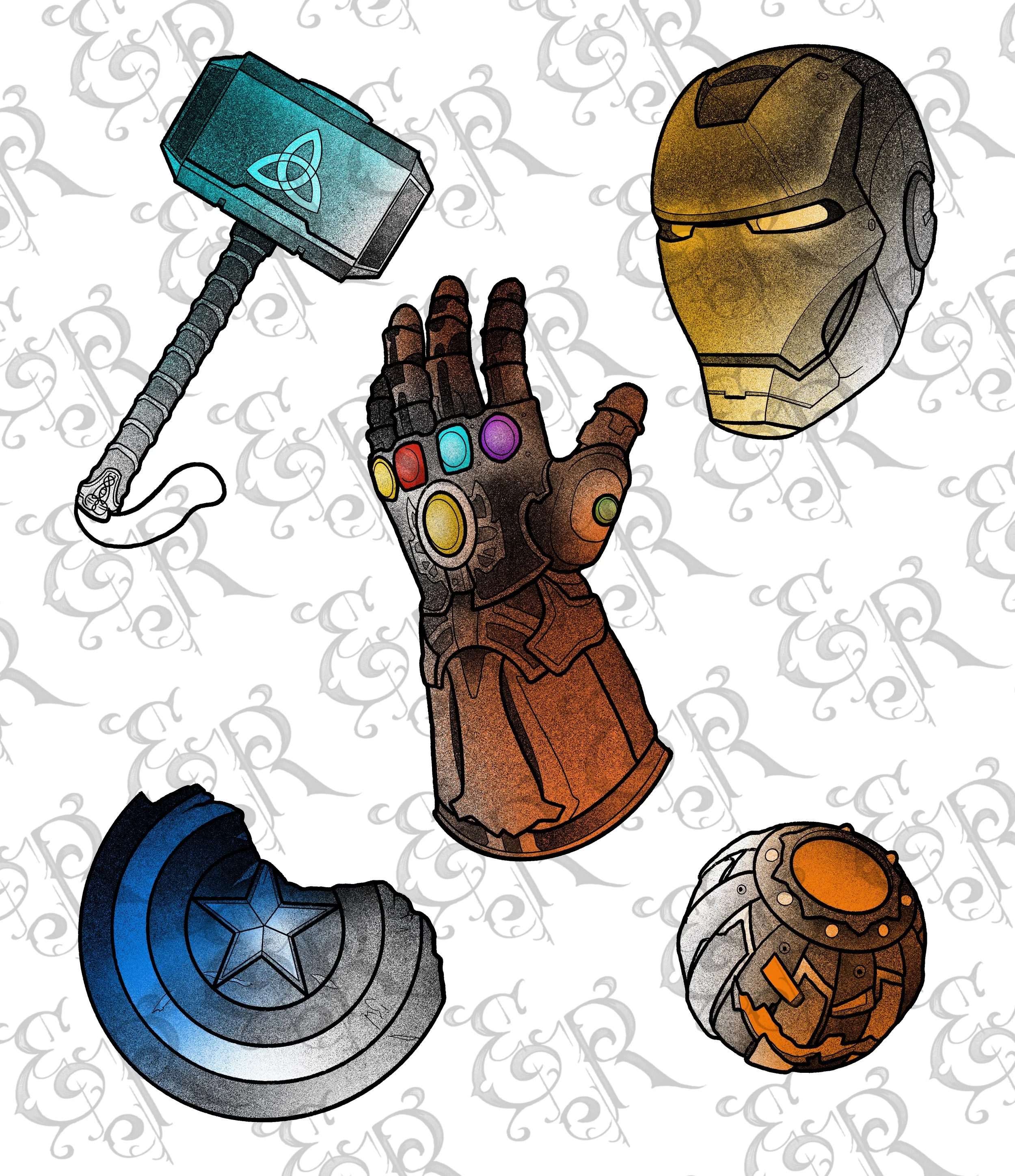 -Marvel flash designs-thor iron man captain america thanos spider-man green goblin hob goblin gauntlet mjolnir shield tattoo color black grey