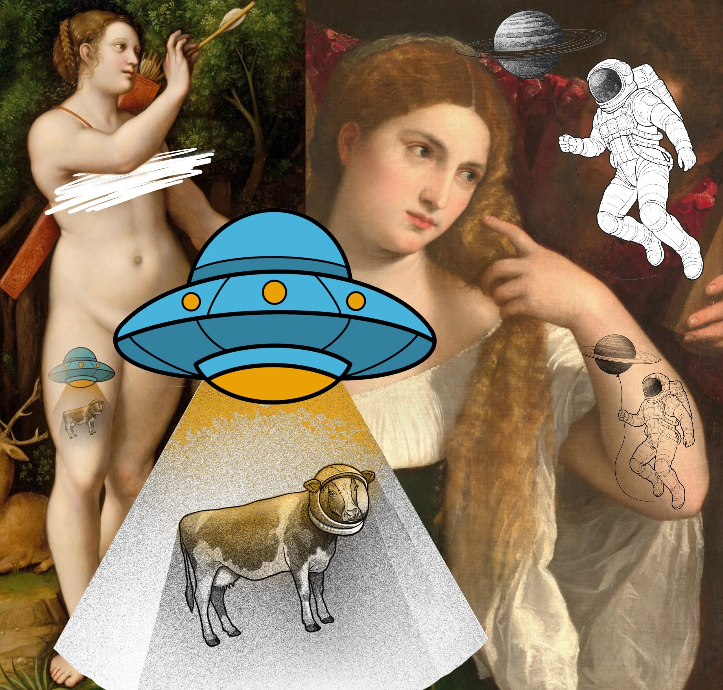 -Space flash designs- space astronaut planet saturn cow abducted ufo tattoo color black grey