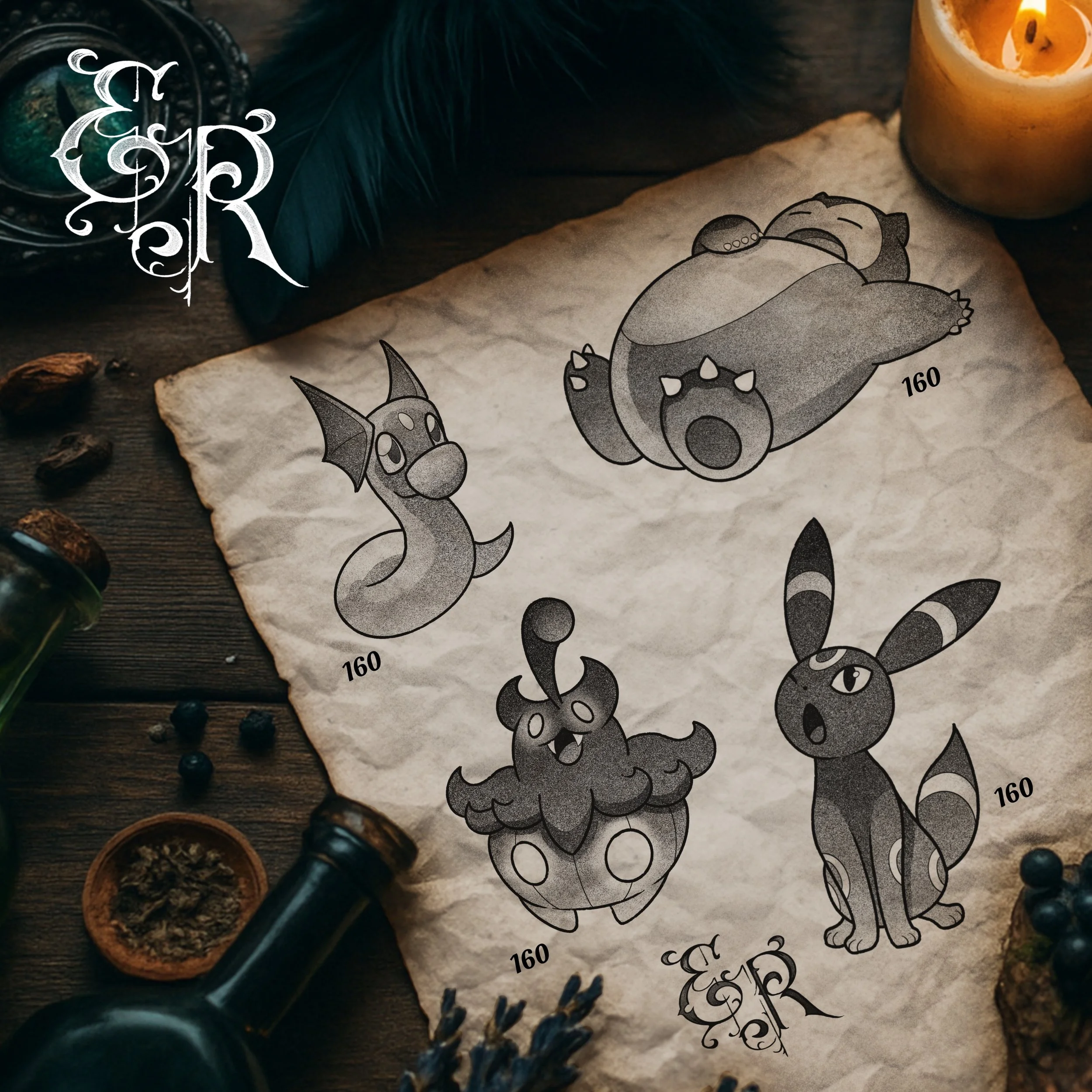-Pokémon flash designs- pumpkaboo snorlax umbreon dratini tattoo color black grey