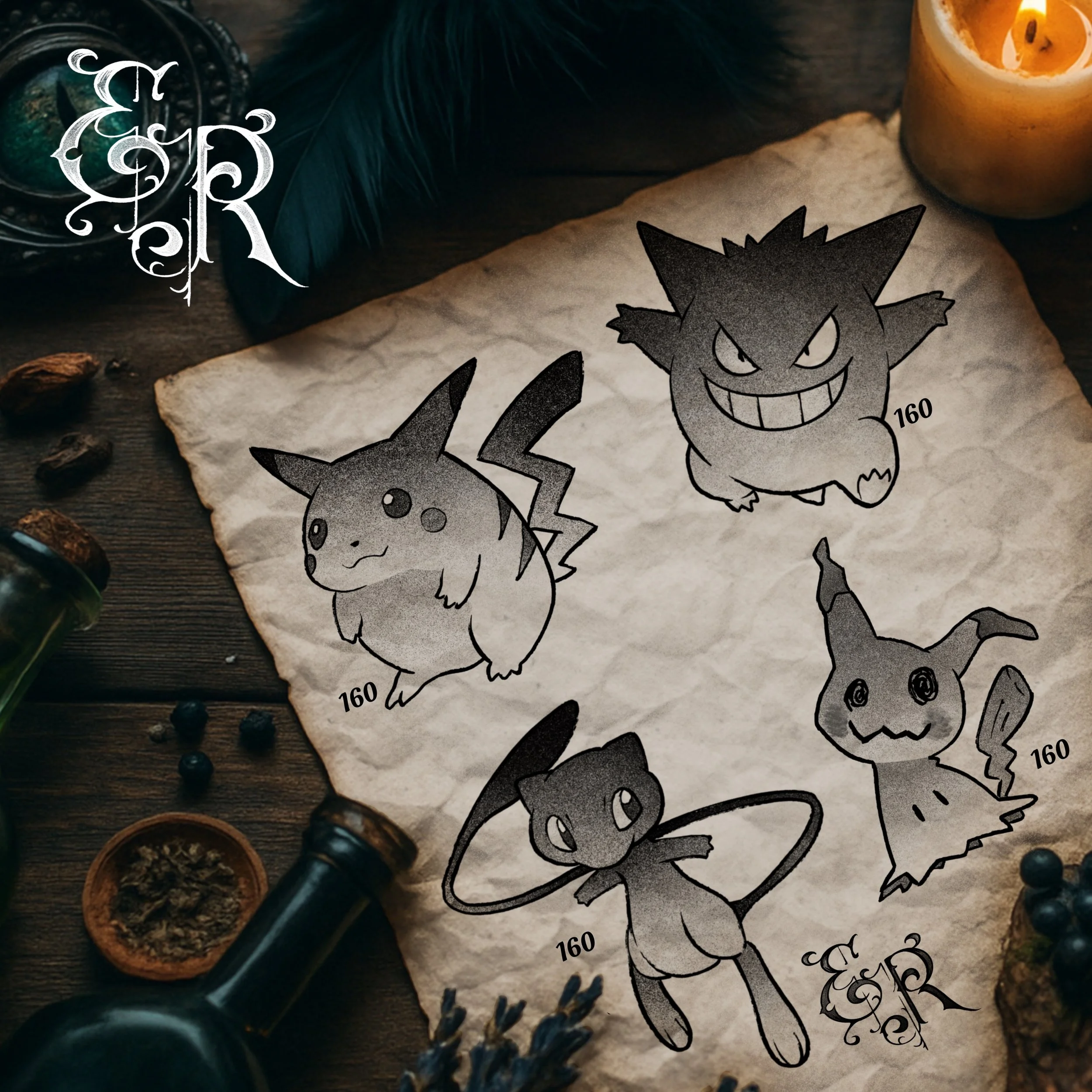 -Pokémon flash designs- pikachu gengar mew mimikyu tattoo color black grey