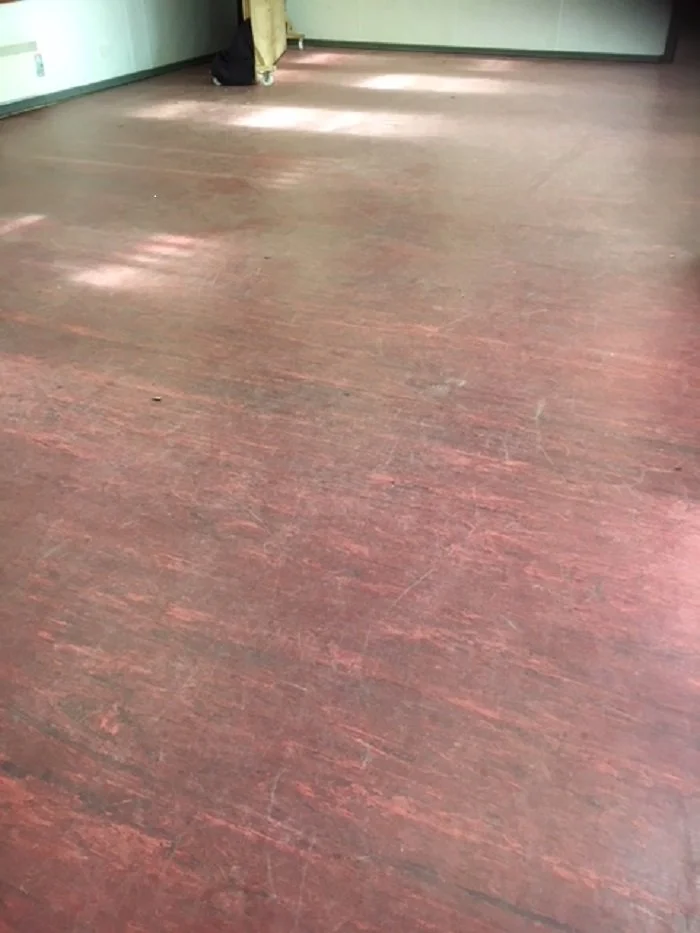 Dirty and scuffed vinyl flooring