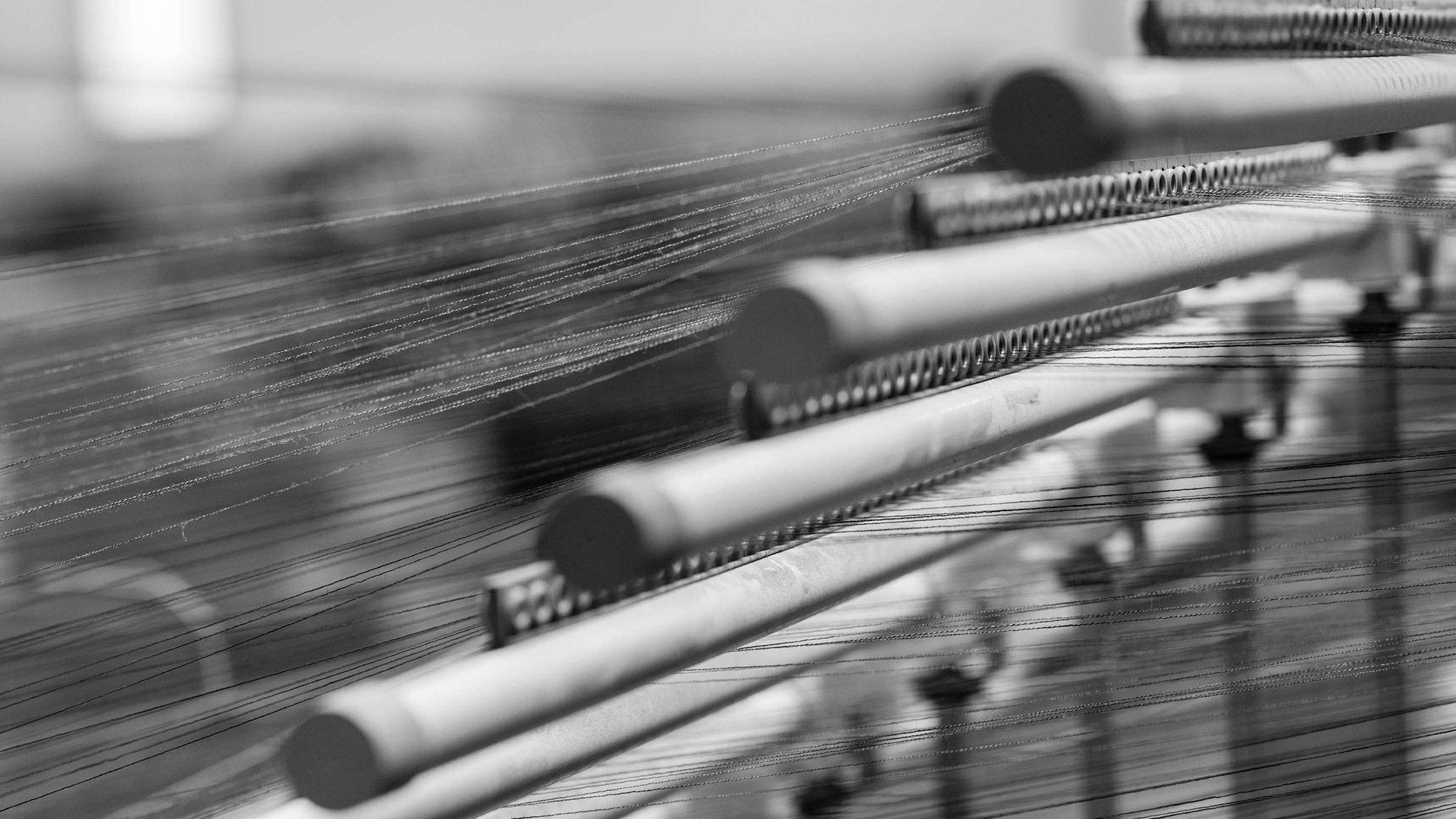 Close-up of the internal strings and tuning pegs of a piano in black and white.