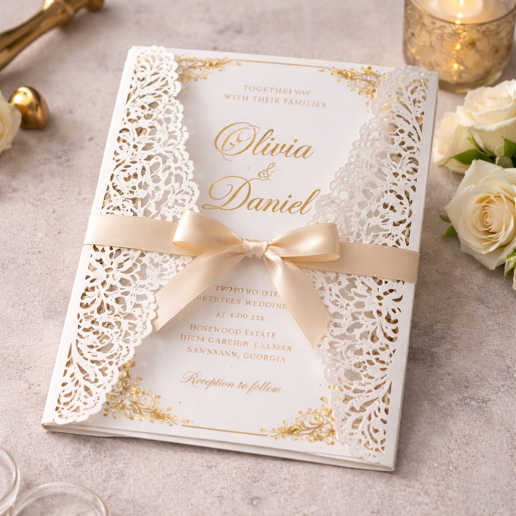 Wedding Invitation with Gold Foiling and Lace Envelope