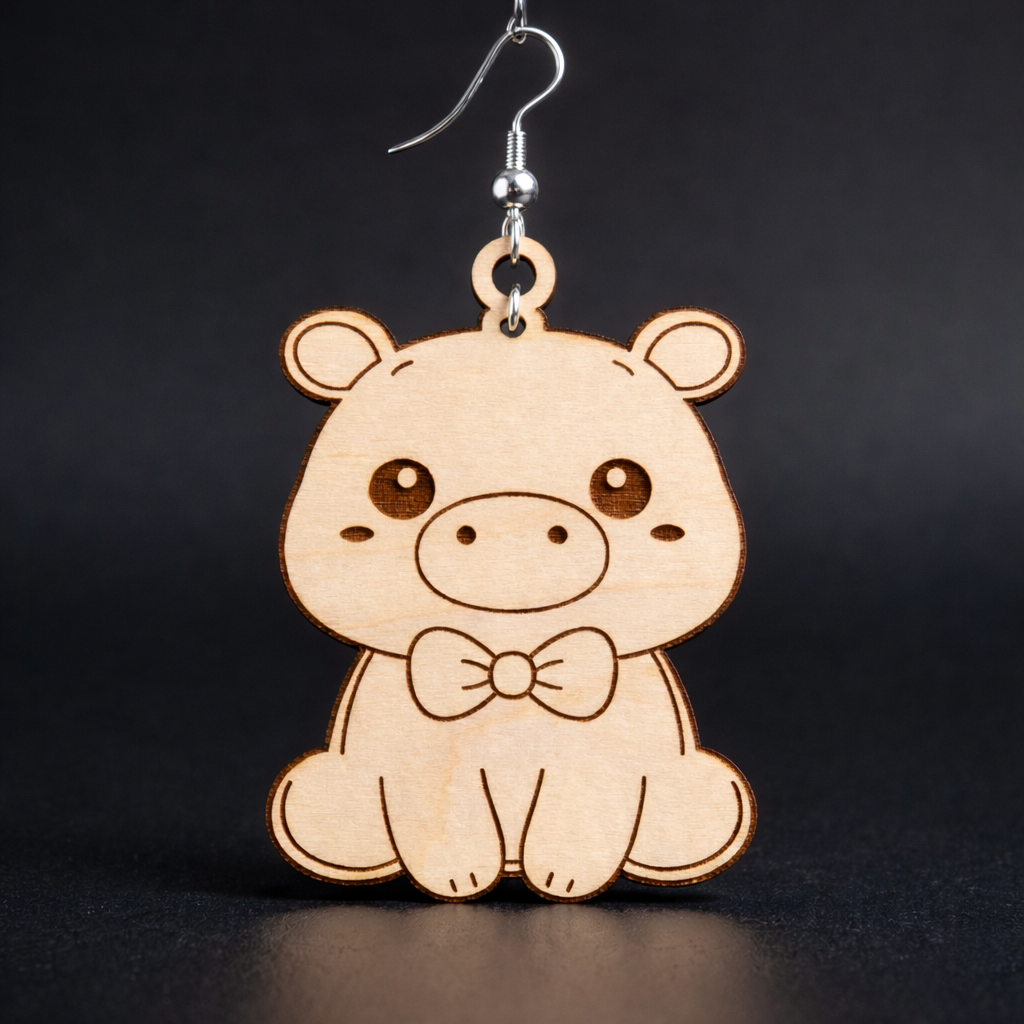 Laser Cut 3mm Plywood Hippo Earrings
