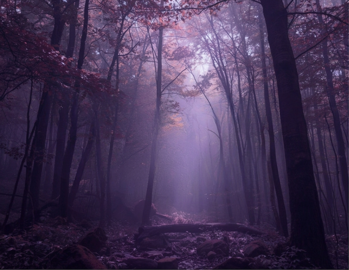 Dense forest with tall trees and purple-hued lighting, with rays of light shining through the canopy. Space For You Therapy events and courses