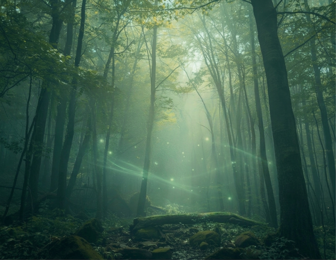 A dense forest with tall trees, sunlight filtering through the foliage, and glowing fireflies floating in the air. Space For You Therapy events and courses