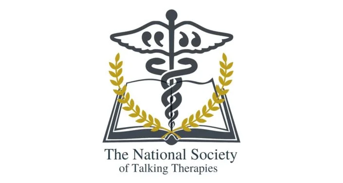 Logo of The National Society of Talking Therapies featuring a caduceus, open book, and laurel branches.