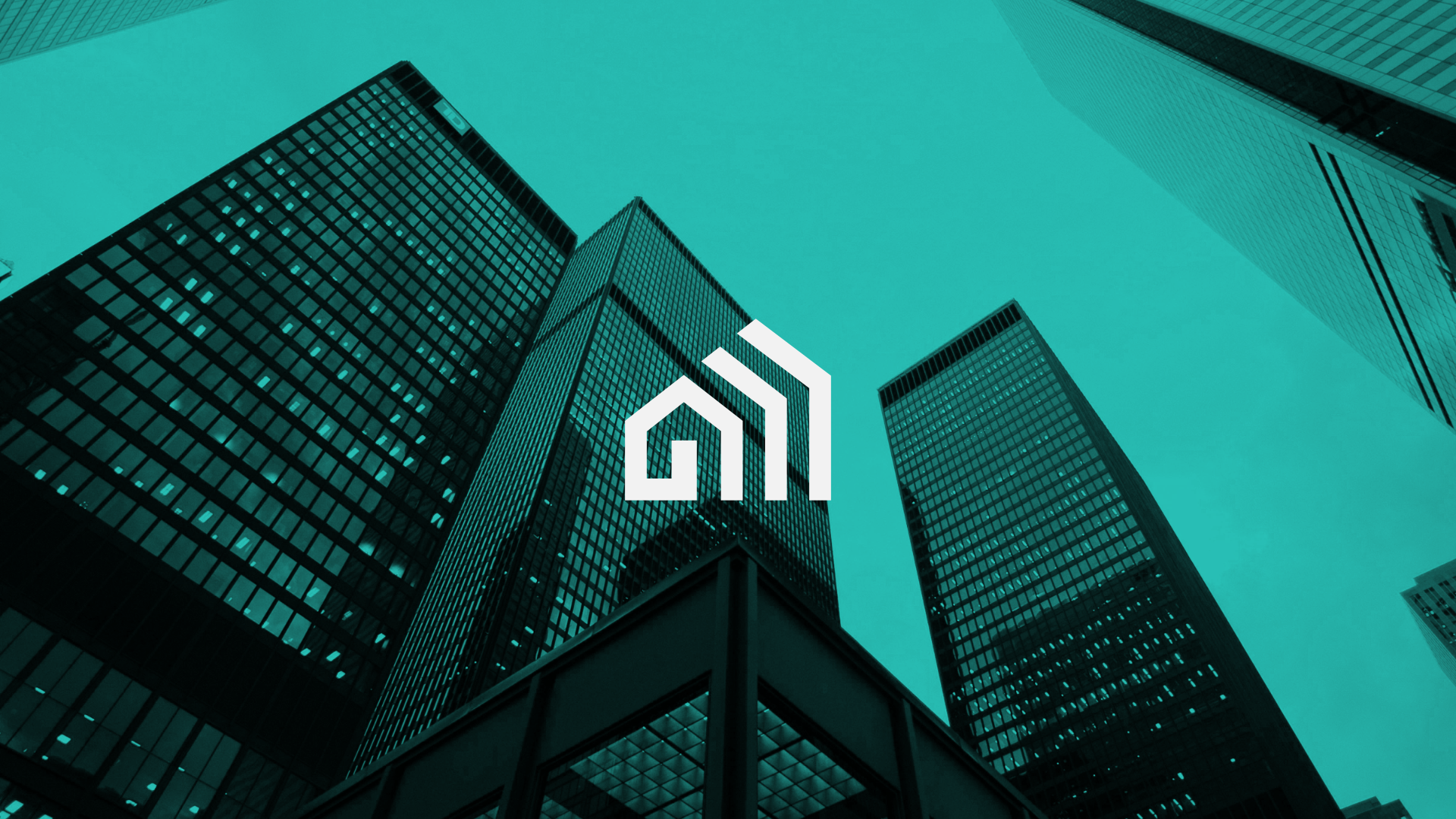 Tall modern skyscrapers in an urban cityscape with a logo in the center.