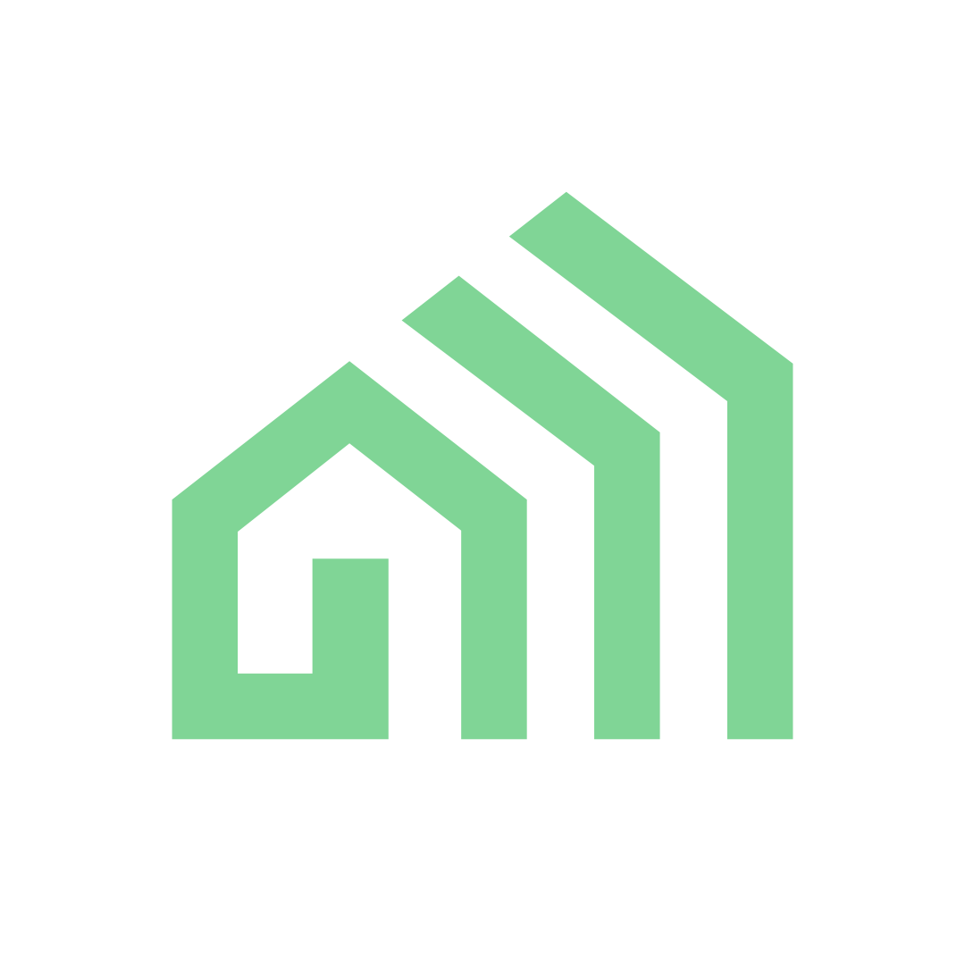 Symbol combining a house outline and a bar chart with increasing bars, green on black background.