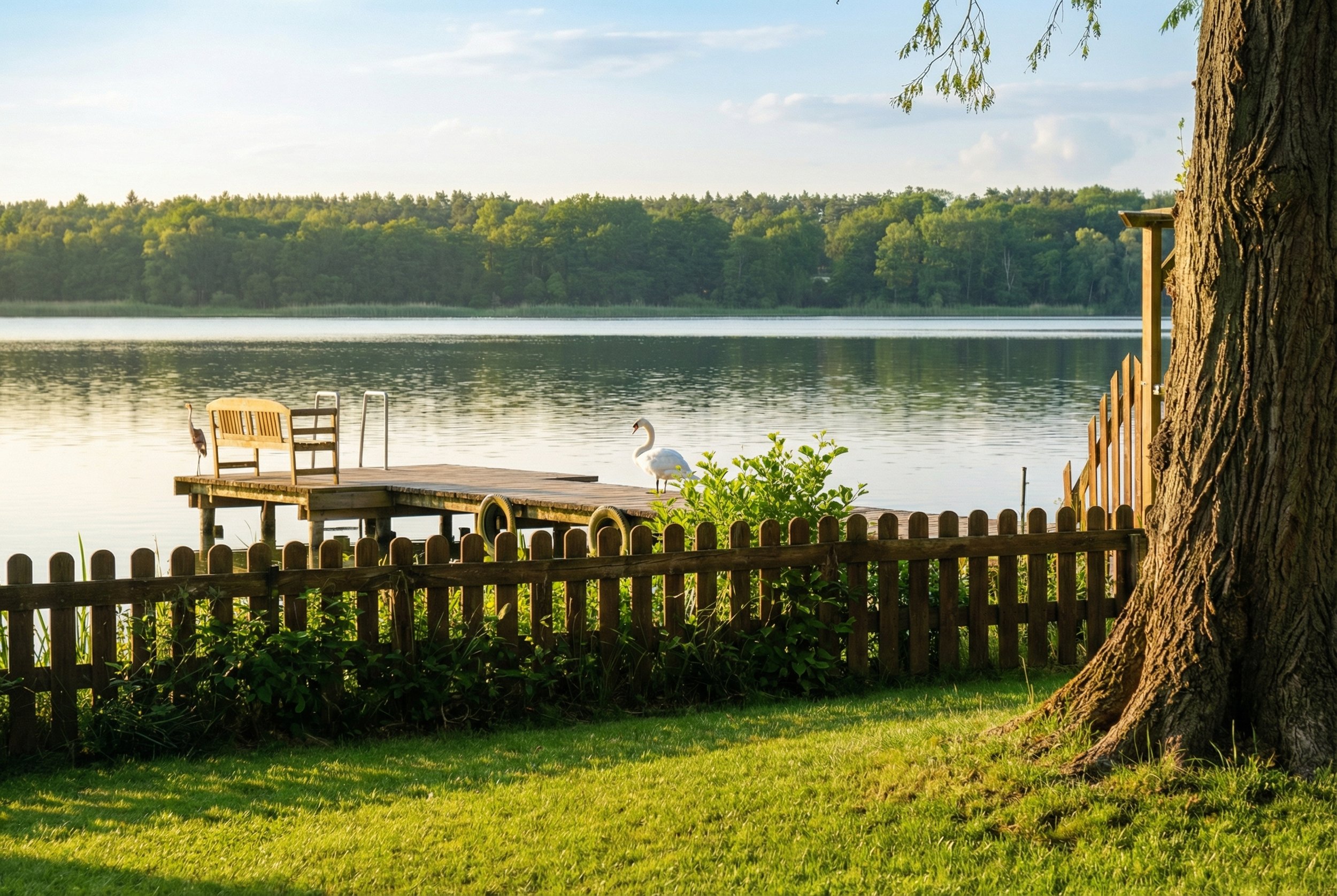 Ein Steg am See mit einem Baum im Vordergrund, einer Gans auf dem Steg, einem kleinen Busch und einem Holzzaun im Vordergrund, bei Sonnenuntergang.