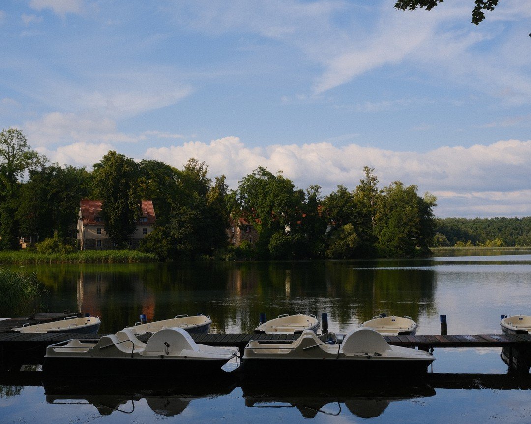 Bootssteg mit weißen Ruderbooten am ruhigen See, von Bäumen umgeben, bei bewölktem Himmel