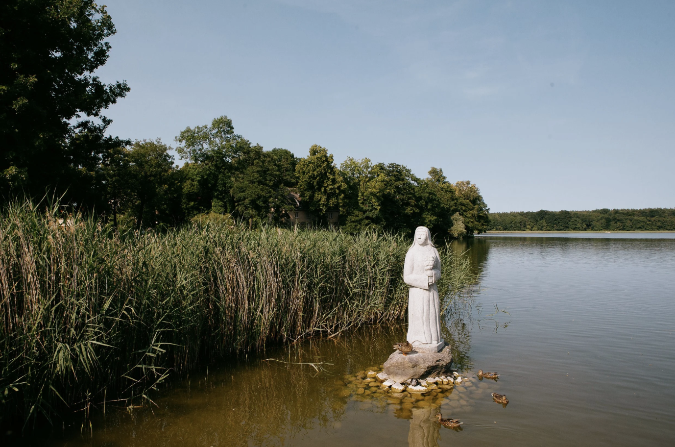 Skulptur einer Frau an einem See, umgeben von Wasserpflanzen, mit Bäumen im Hintergrund und Enten im Wasser.