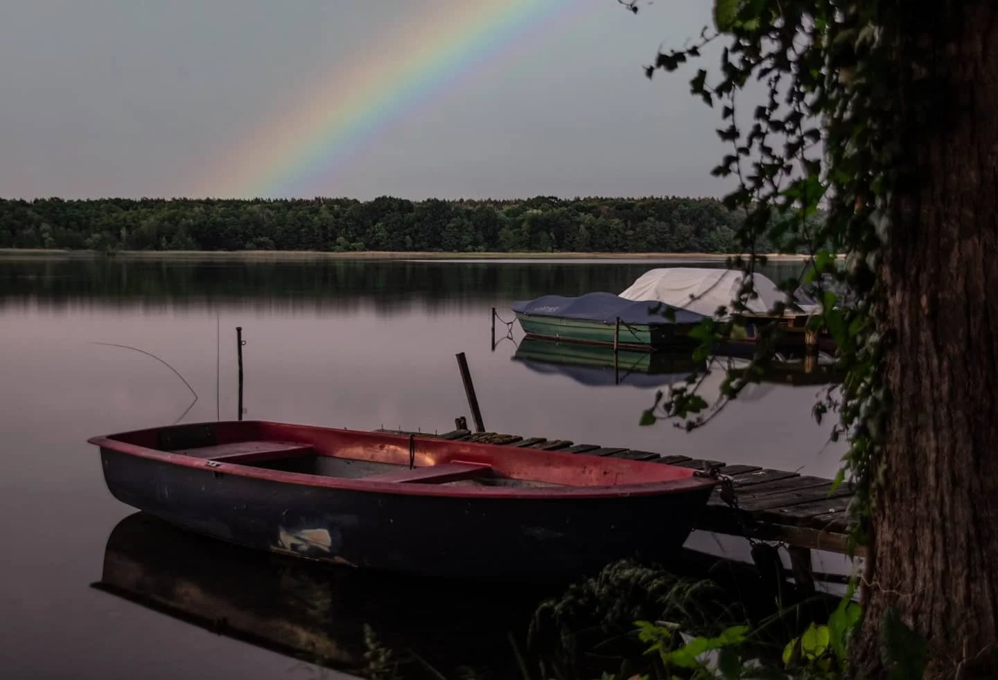 Silbernes und weißes Segelboot am Steg eines ruhigen Sees, mit einem Regenbogen am Himmel, Bäume am Ufer und eine Baumstamm im Vordergrund.