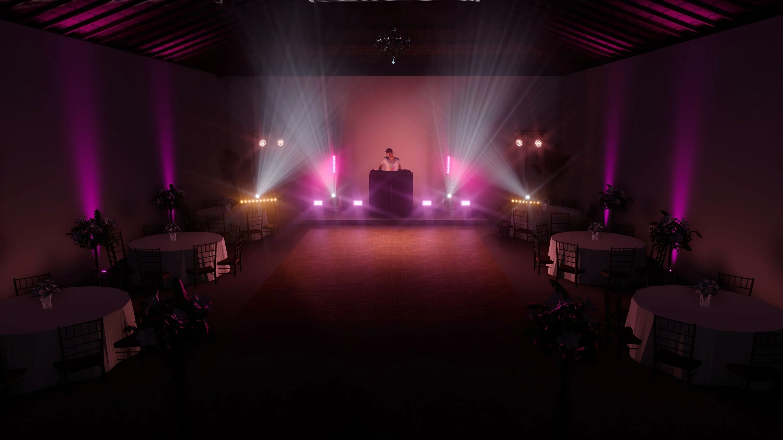 Dance floor with DJ booth in center, illuminated by colorful pink and purple lights, surrounded by round tables with floral centerpieces, set in a dimly lit event space.