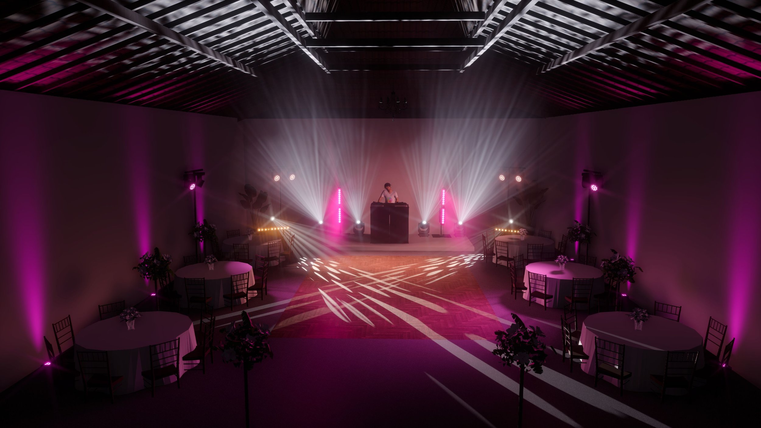 Wedding reception hall with round tables decorated with flowers, purple lighting along the walls, a DJ booth in the center with pink and white stage lights, and a wooden dance floor, inside a spacious room with a high ceiling.