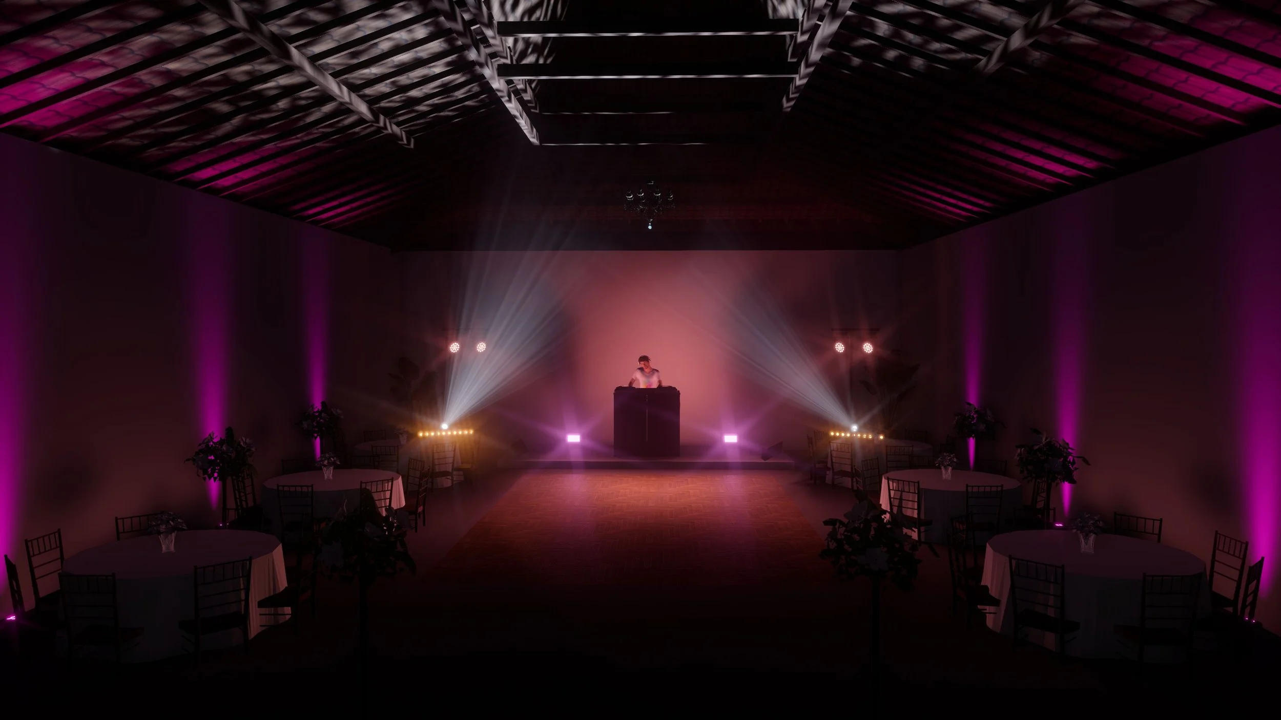 A DJ performs on a stage illuminated with pink and purple lighting, with round tables and chairs arranged in front and potted plants around the room.