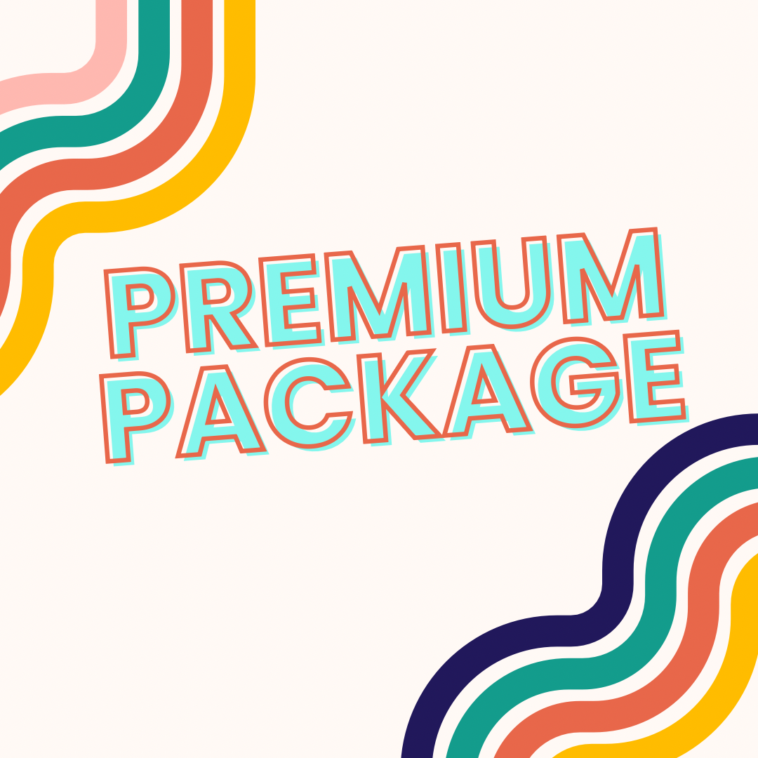 Colorful graphic design with wavy striped patterns in pink, teal, orange, yellow, and navy surrounding the text 'Premium Package' in bold, outlined turquoise letters with a pink drop shadow on a cream background.