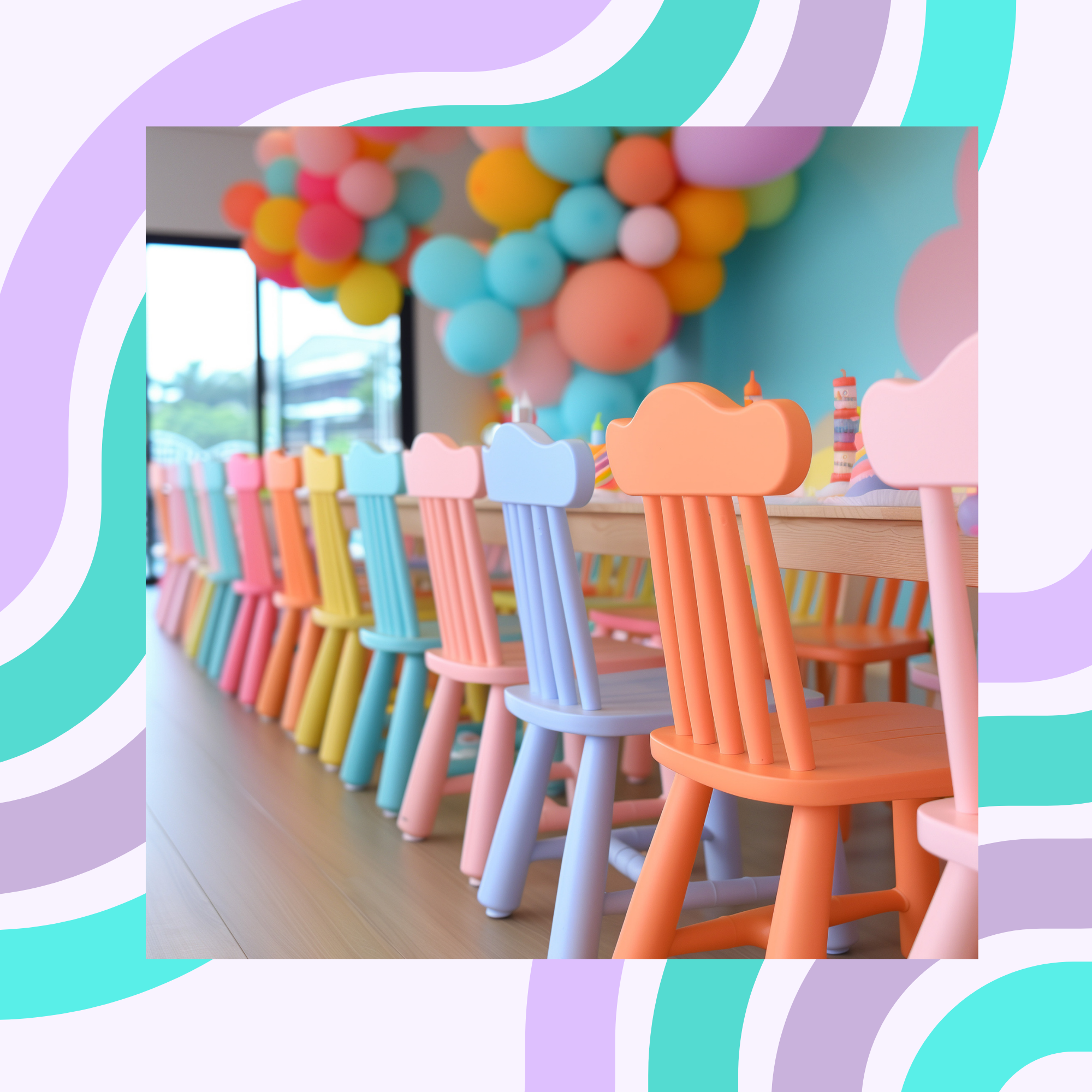 Colorful pastel chairs arranged in a row behind a table, decorated with balloons in pastel colors for a celebration.