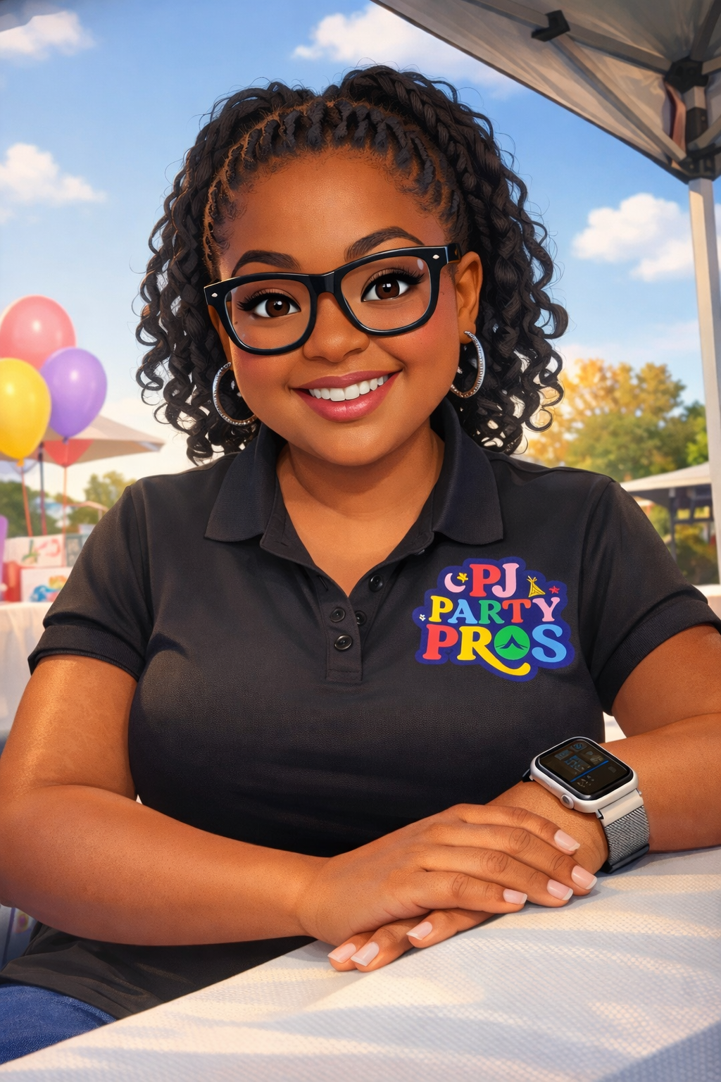 Smiling woman with glasses and hoop earrings sitting at a table outdoors during a party, wearing a black polo shirt with a colorful "PJ Party Pros" logo, and a smartwatch on her wrist.