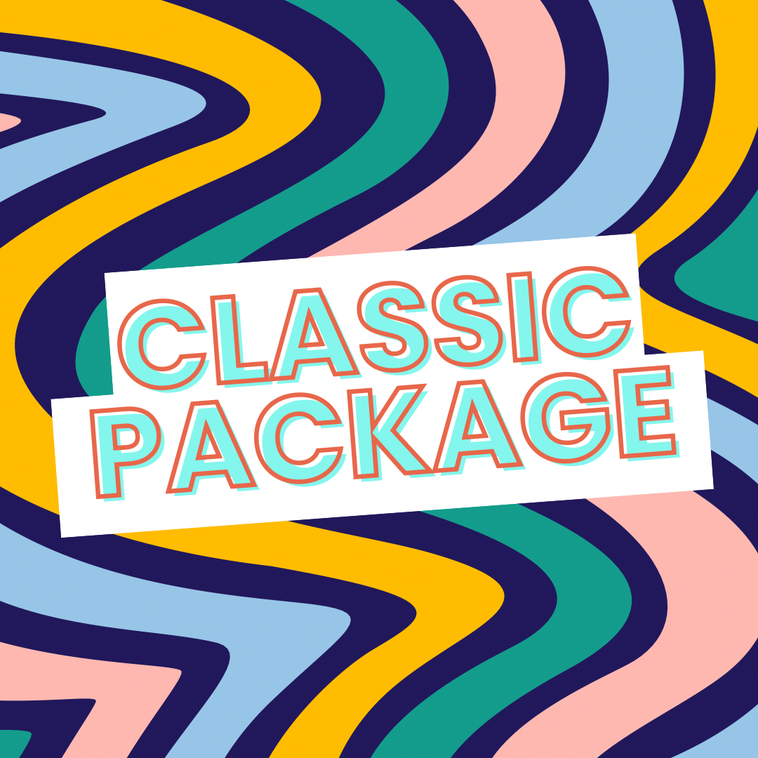 Colorful abstract wavy lines background with text 'CLASSIC PACKAGE' in the center.