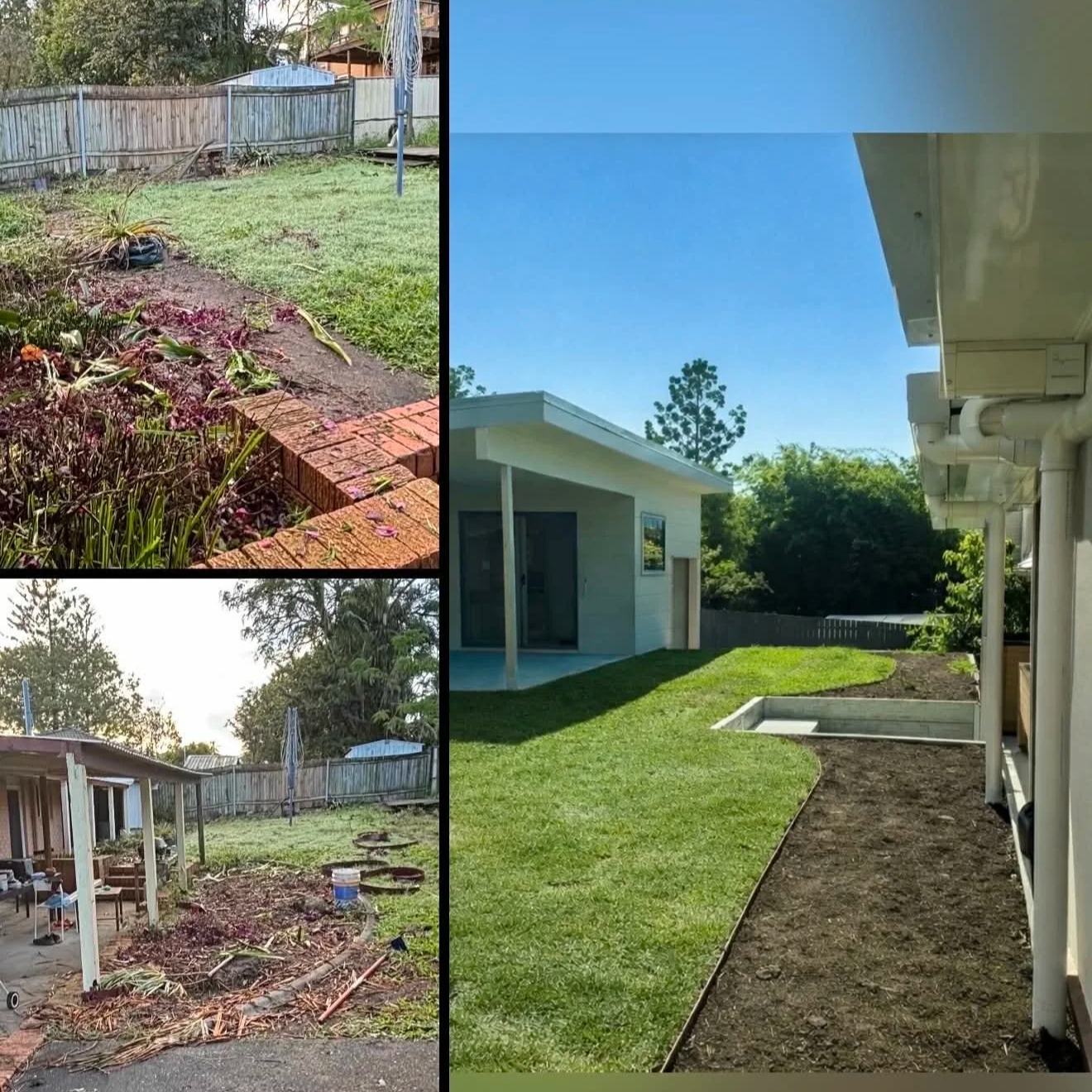 A collage showing before and after photos of a backyard renovation. The top left and bottom left images depict a yard with overgrown plants, garden debris, and a worn fence. The right image shows the same yard after landscaping, featuring a manicured lawn, new fence, and regraded soil.