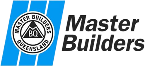 Logo for Master Builders Queensland with text and a circular emblem featuring a mountain and the initials 'BQ'.