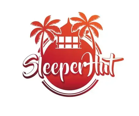 Logo with two palm trees, a swing, and the text 'SleeperHut' in a stylized font.