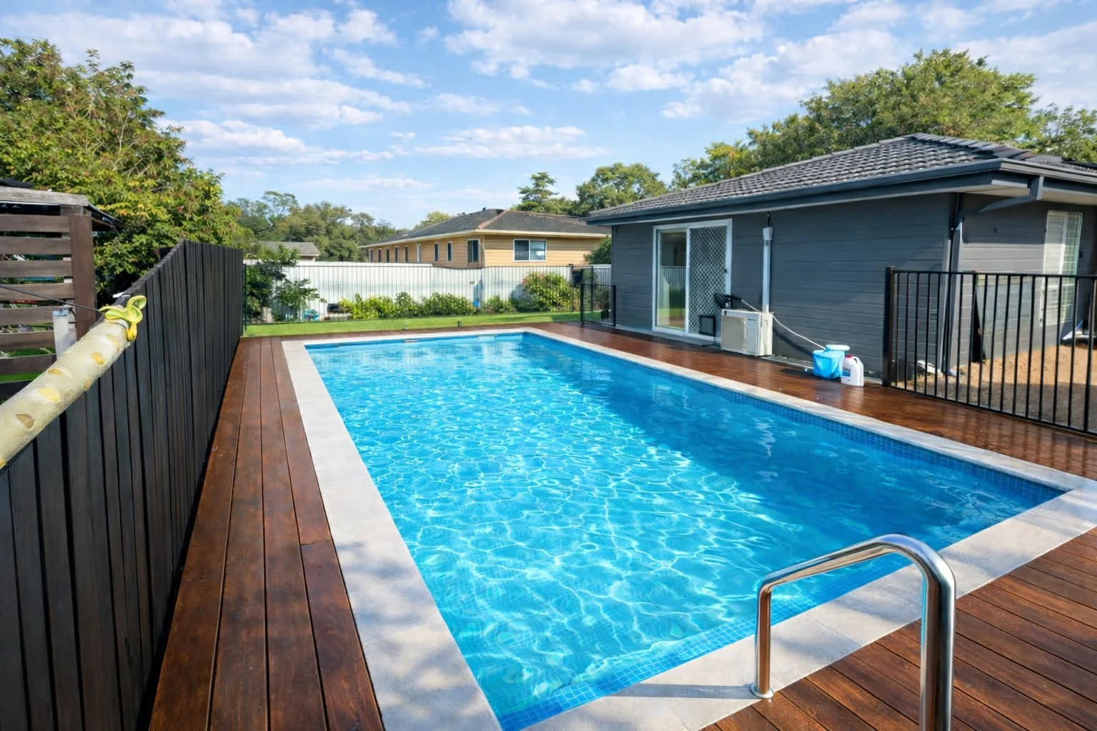 Residential backyard with a rectangular in-ground swimming pool, wooden deck, gray house, and green trees under a partly cloudy sky.