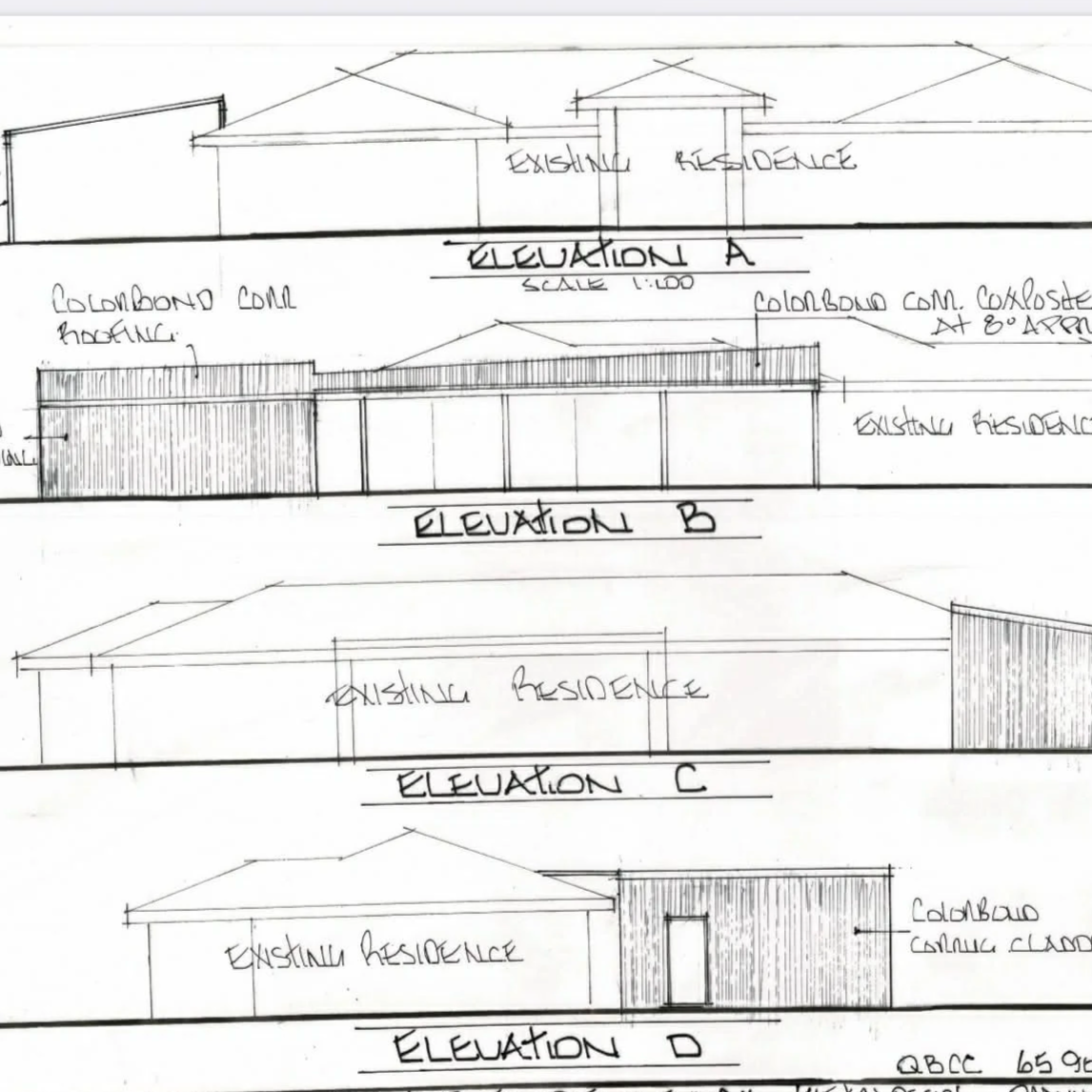 Hand-drawn architectural elevations of a building, showing four different views labeled Elevation A, B, C, and D. Each view includes details like existing residences, colorful concrete constructs, and building materials.