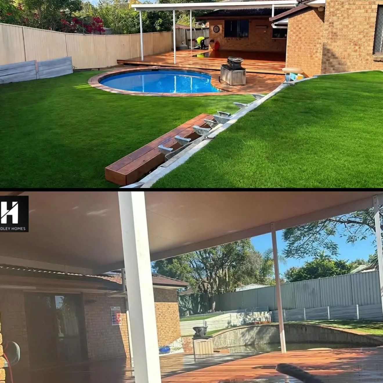 View of backyard with a small kidney-shaped swimming pool, wooden deck, green lawn, and covered patio area.