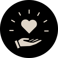 A hand holding a heart with radiating lines above it, symbolizing care and love.