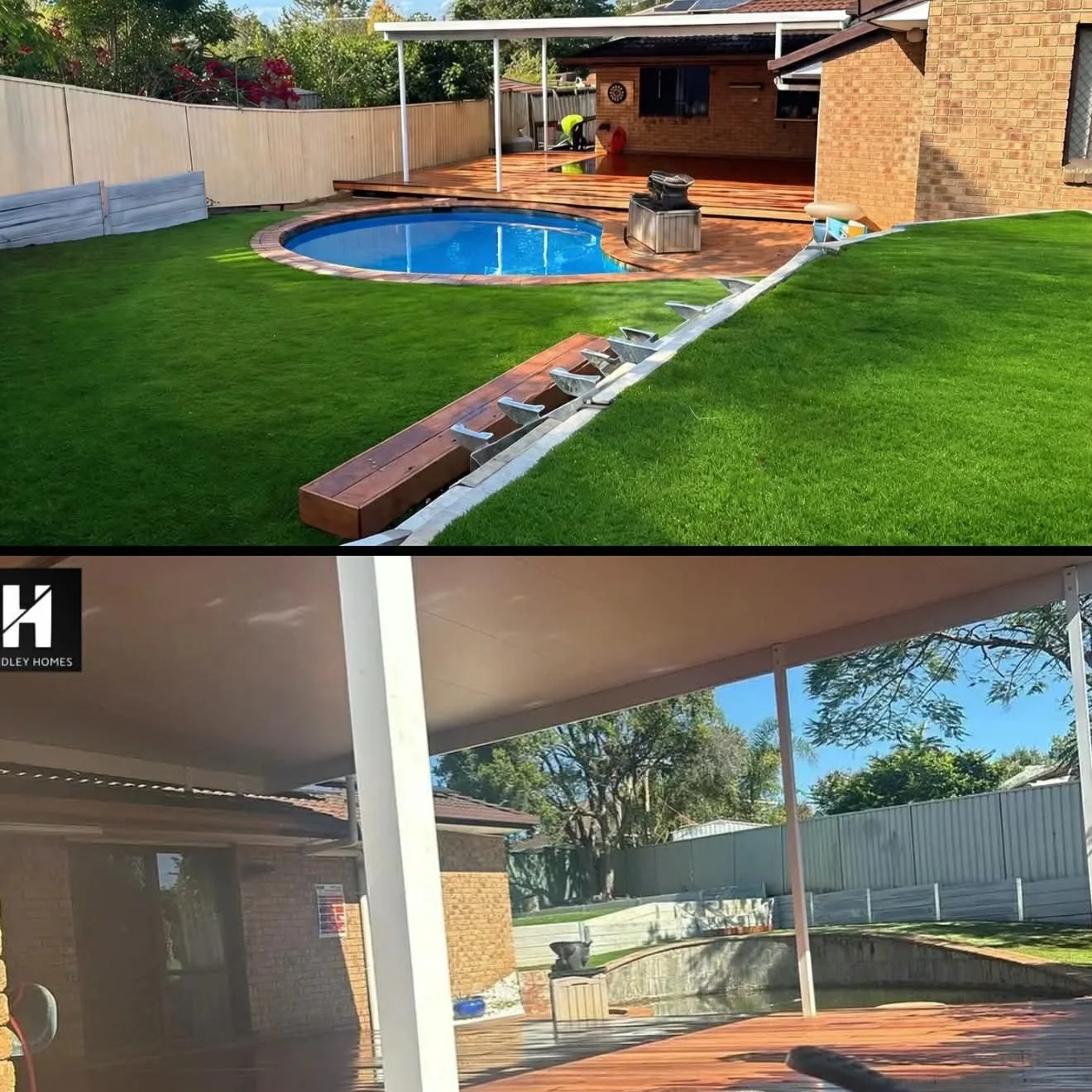 View of a backyard with a swimming pool, a wooden deck, a grassy area, and a covered patio. A person is working on the deck, and outdoor furniture and a dartboard are visible.