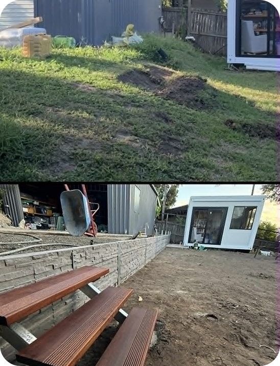 Side-by-side photos of a backyard, with the top showing freshly dug holes in grass and the bottom showing a partially landscaped area with a bench and a white building.