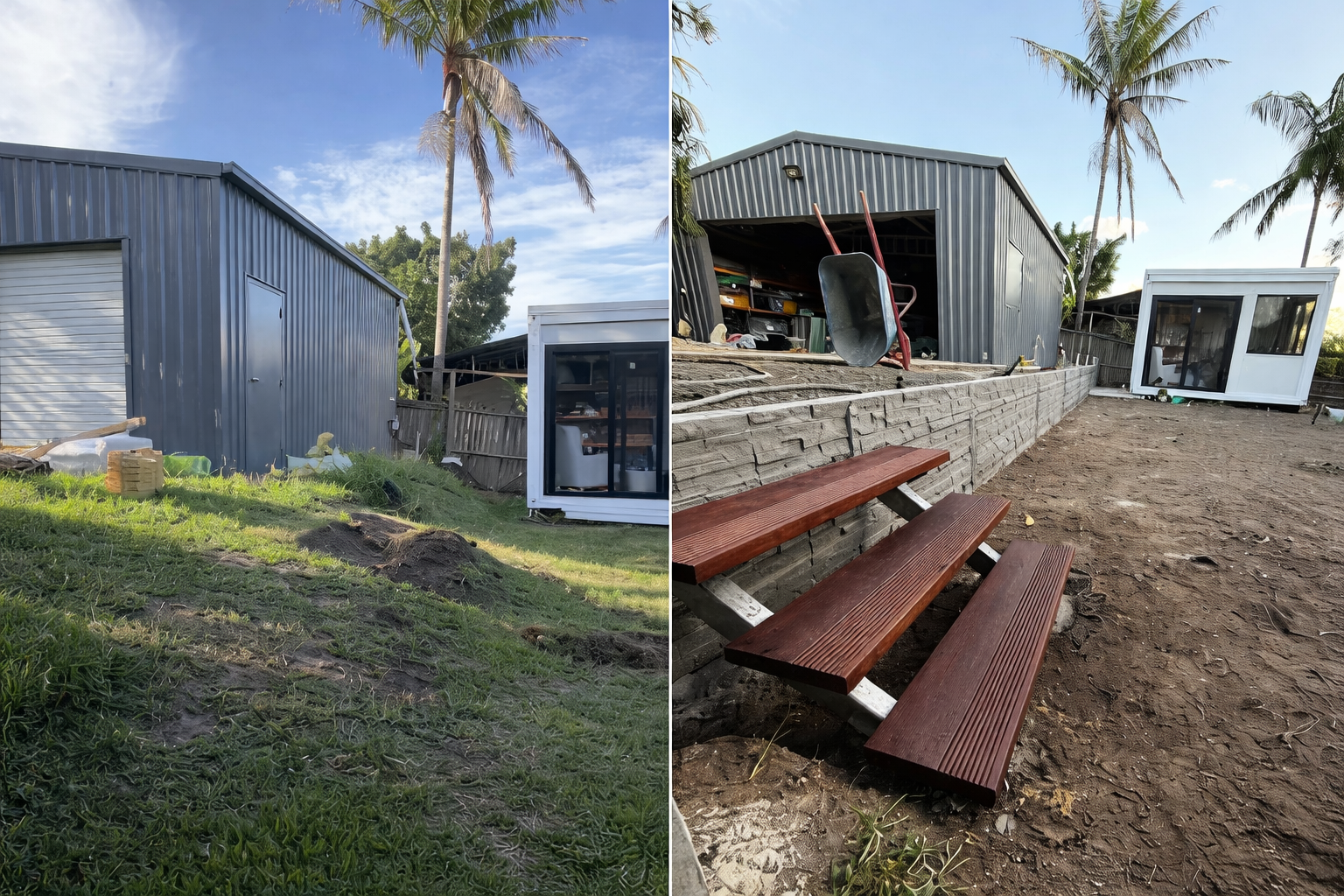 Side-by-side photos of a backyard with a metal shed and a white container, showing a before-and-after transformation; the left image depicts an outdoor space with grass and a tall palm tree, while the right image shows the same area with a new raised wood deck, a picnic table, and tools.