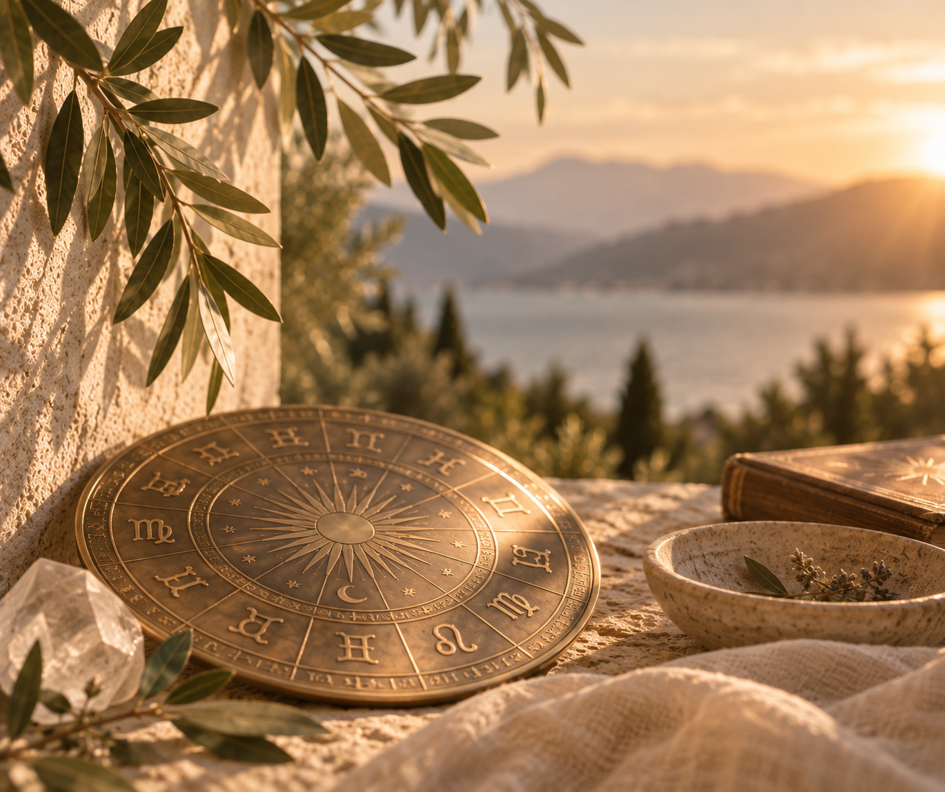 Ein Tisch im Sonnenuntergang mit Mond-Orakelscheibe, einem Buch, einer Schale mit Blättern, Kristallen und einem Tuch, vor einem Landschaftsausblick mit Wasser, Bergen und Bäumen